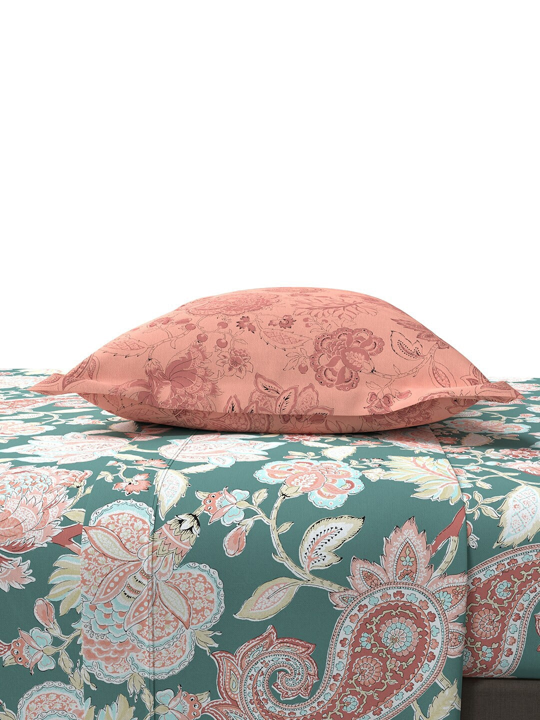 MYTRIDENT Green White Ethnic Motifs Cotton 144 TC Queen Bedsheet With 2 Pillow Covers - Swadesiicart