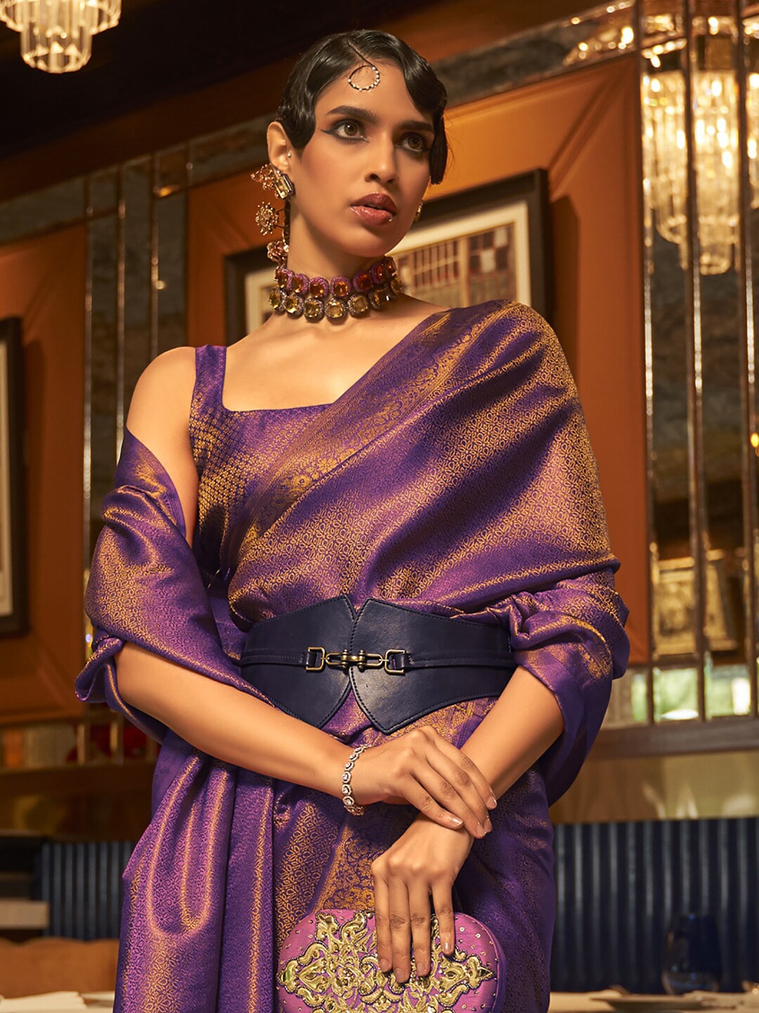 Mitera Purple & Gold-Toned Ethnic Motifs Zari Banarasi Saree | Swadesiicart