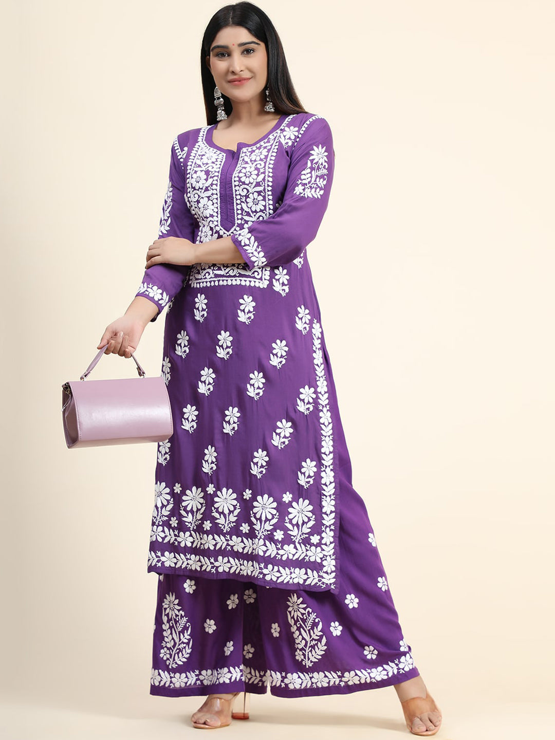 HOUSE OF KARI Women Purple Floral Embroidered Chikankari Pure Cotton Kurta with Palazzos | Swadesiicart