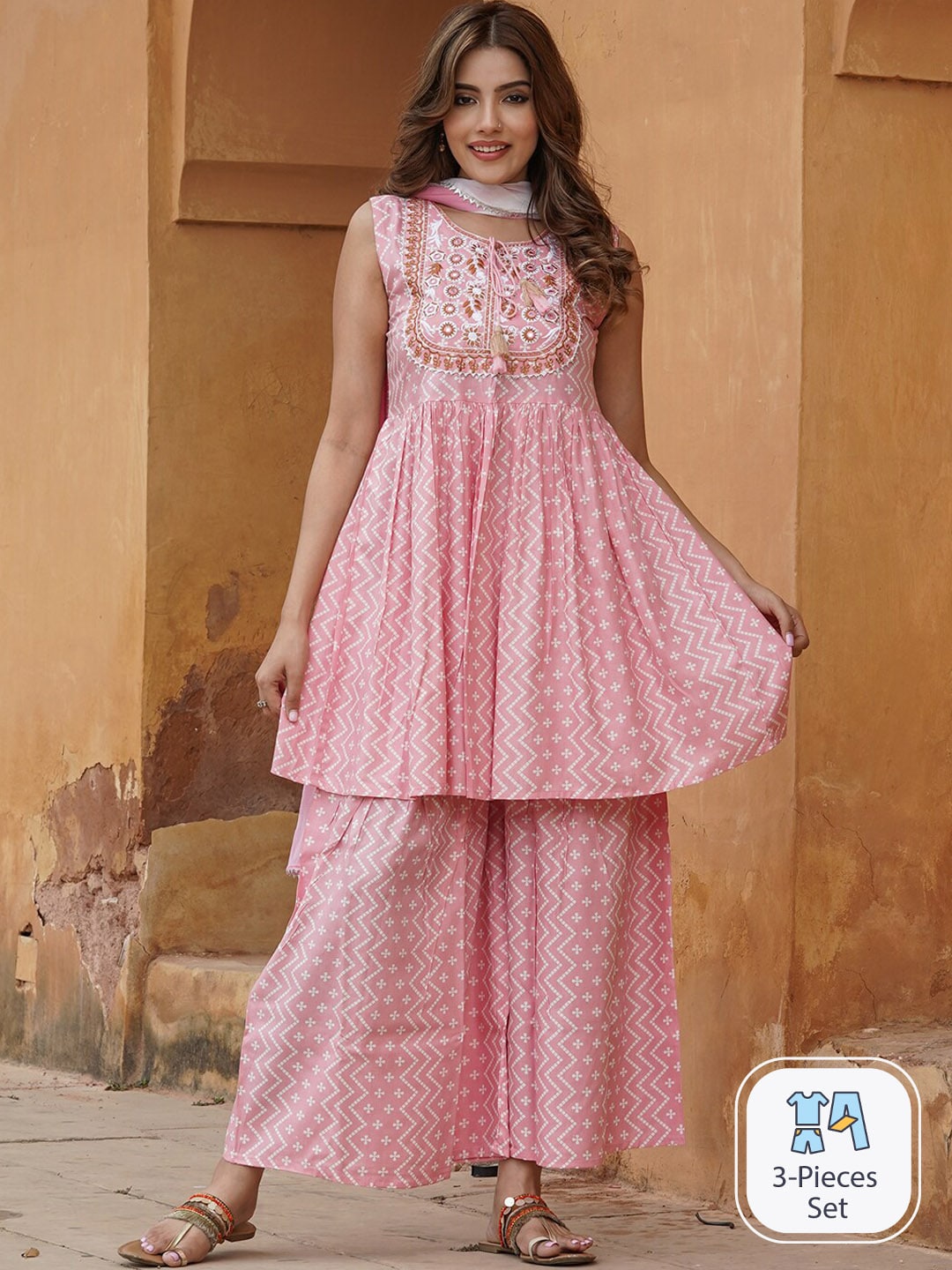 Kalini Geometric Printed Tie-Up Neck Thread Work A-Line Kurta with Sharara & Dupatta | Swadesiicart