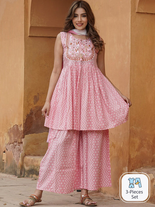 Kalini Geometric Printed Tie-Up Neck Thread Work A-Line Kurta with Sharara & Dupatta | Swadesiicart