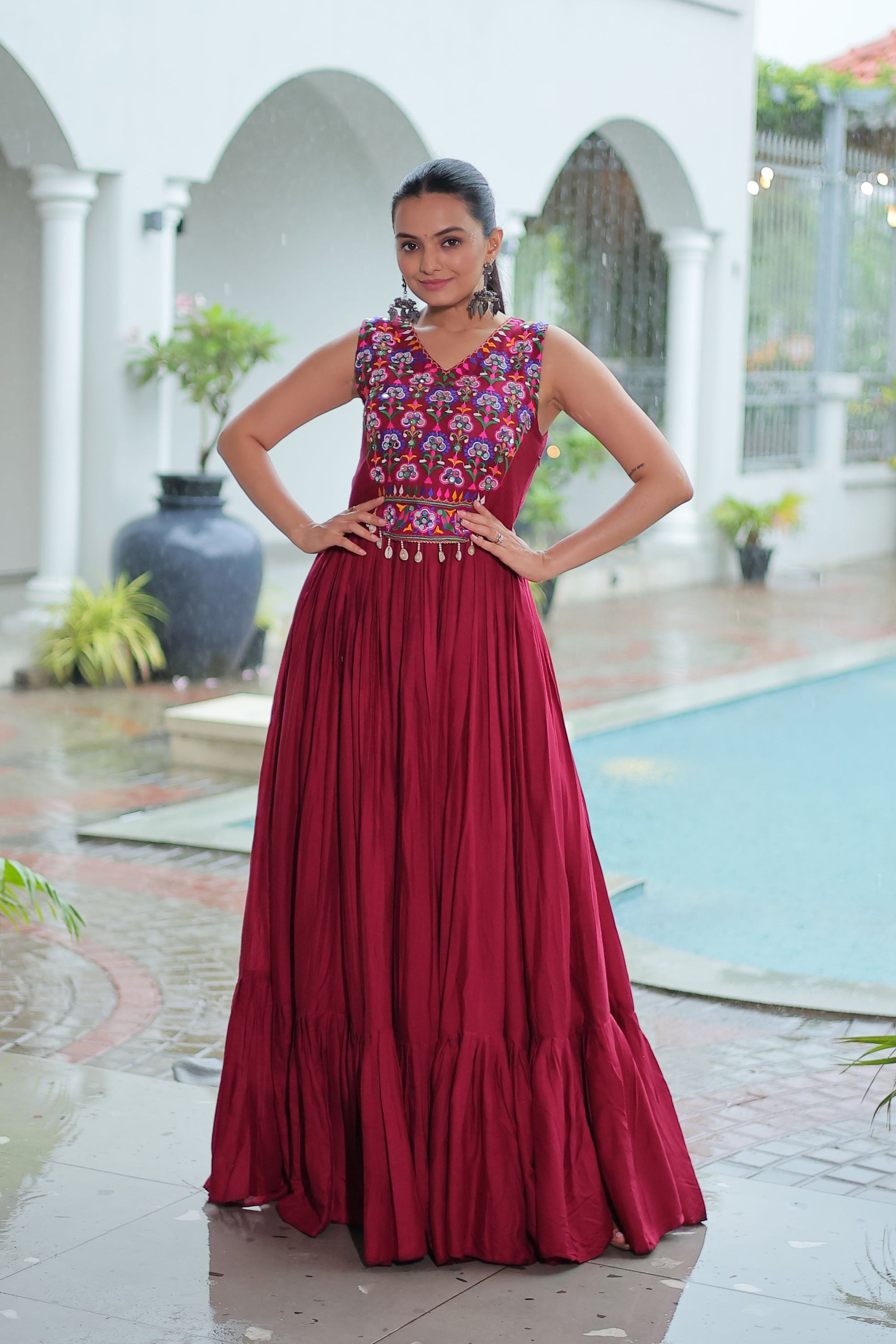 Lorenvalley Fashion Maroon Rayon Kutchi Gamthi Thread Embroidered & mirror Work Gown | Swadesiicart