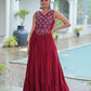 Lorenvalley Fashion Maroon Rayon Kutchi Gamthi Thread Embroidered & mirror Work Gown | Swadesiicart