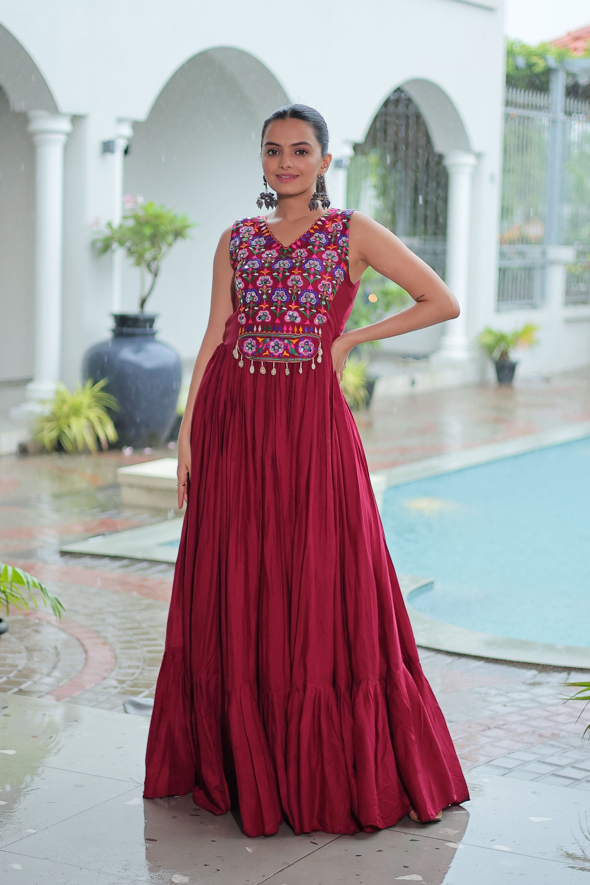 Lorenvalley Fashion Maroon Rayon Kutchi Gamthi Thread Embroidered & mirror Work Gown | Swadesiicart