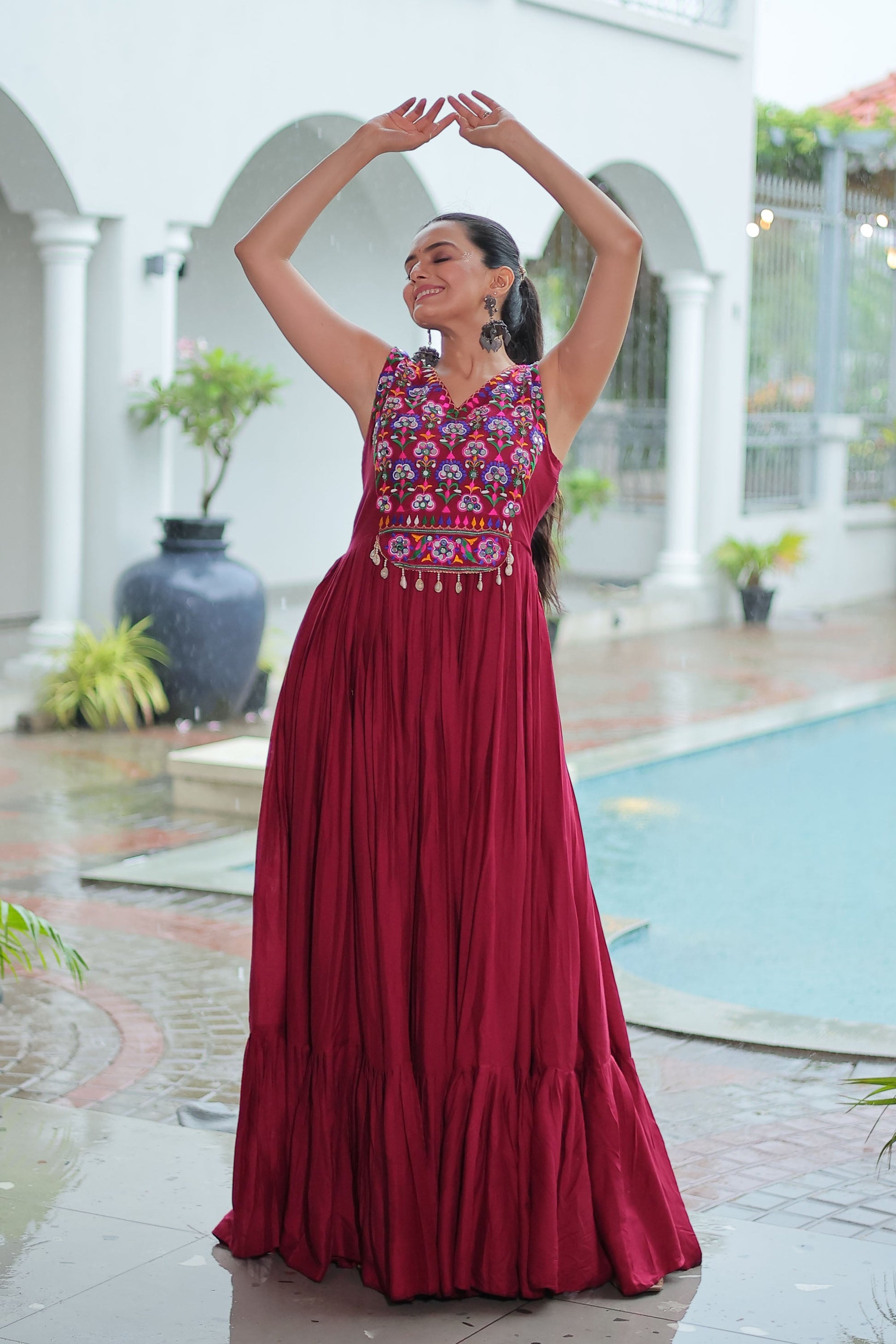 Lorenvalley Fashion Maroon Rayon Kutchi Gamthi Thread Embroidered & mirror Work Gown | Swadesiicart