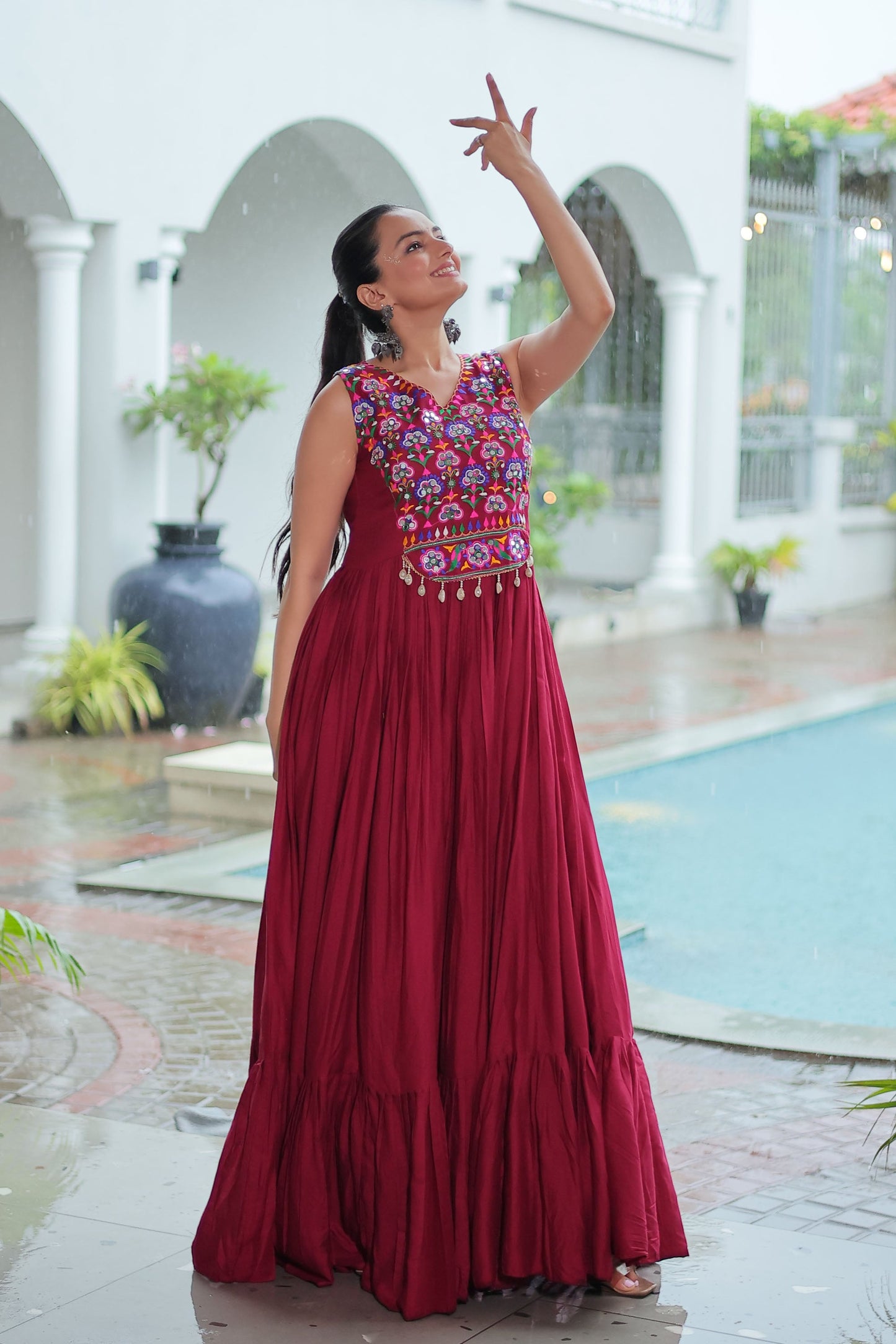 Lorenvalley Fashion Maroon Rayon Kutchi Gamthi Thread Embroidered & mirror Work Gown | Swadesiicart