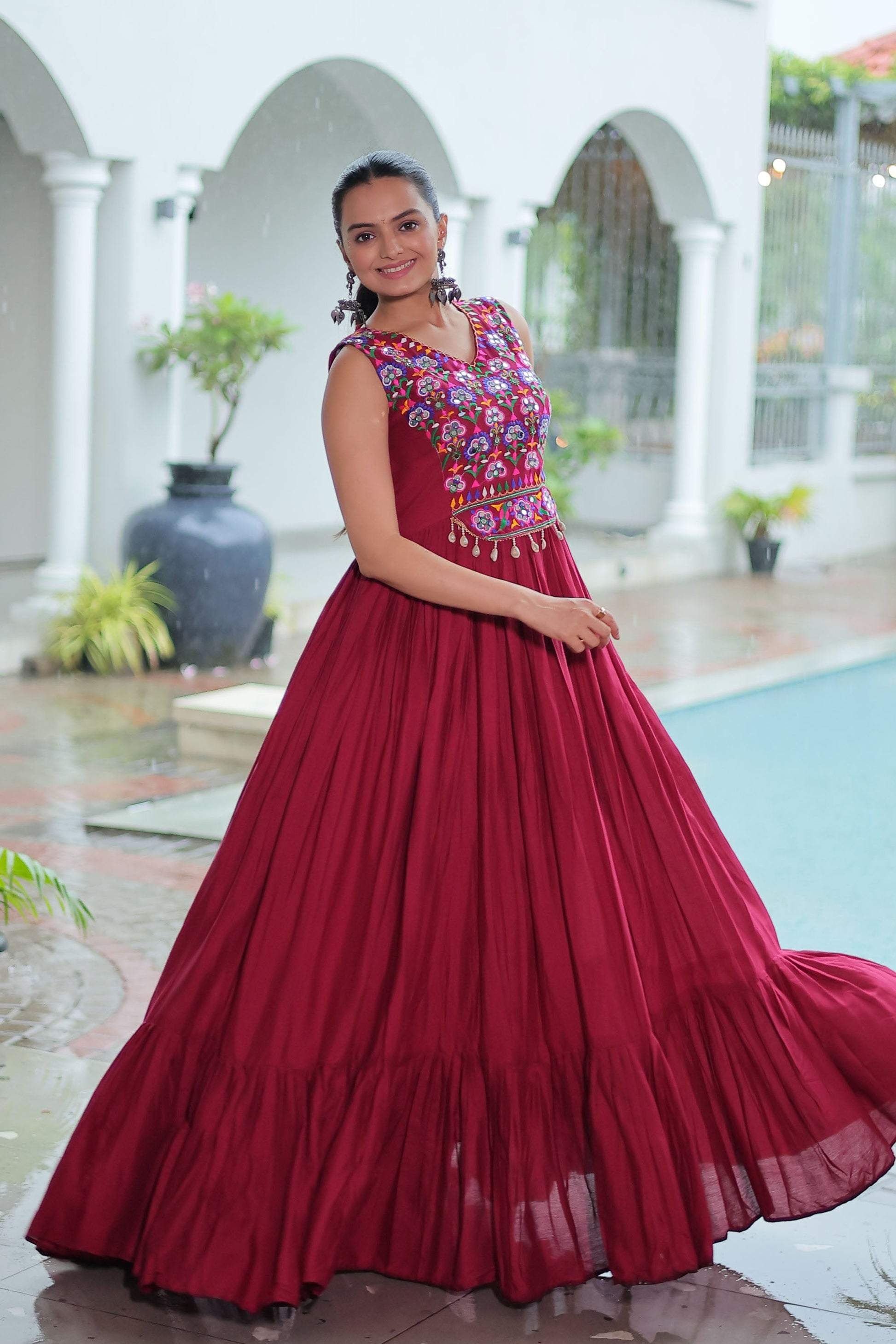 Lorenvalley Fashion Maroon Rayon Kutchi Gamthi Thread Embroidered & mirror Work Gown | Swadesiicart
