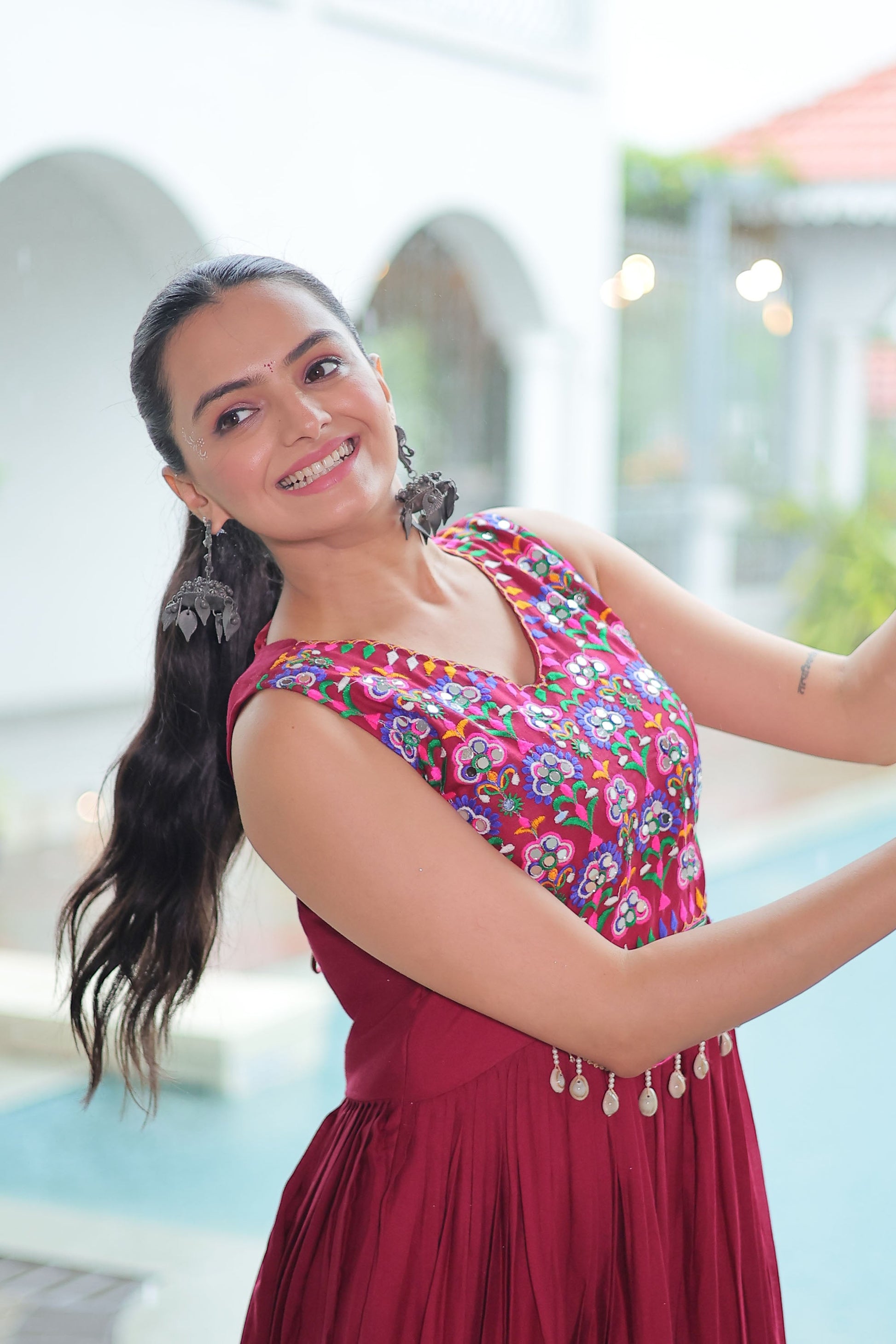 Lorenvalley Fashion Maroon Rayon Kutchi Gamthi Thread Embroidered & mirror Work Gown | Swadesiicart