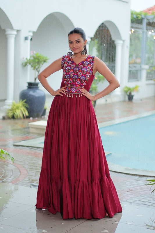 Lorenvalley Fashion Maroon Rayon Kutchi Gamthi Thread Embroidered & mirror Work Gown | Swadesiicart