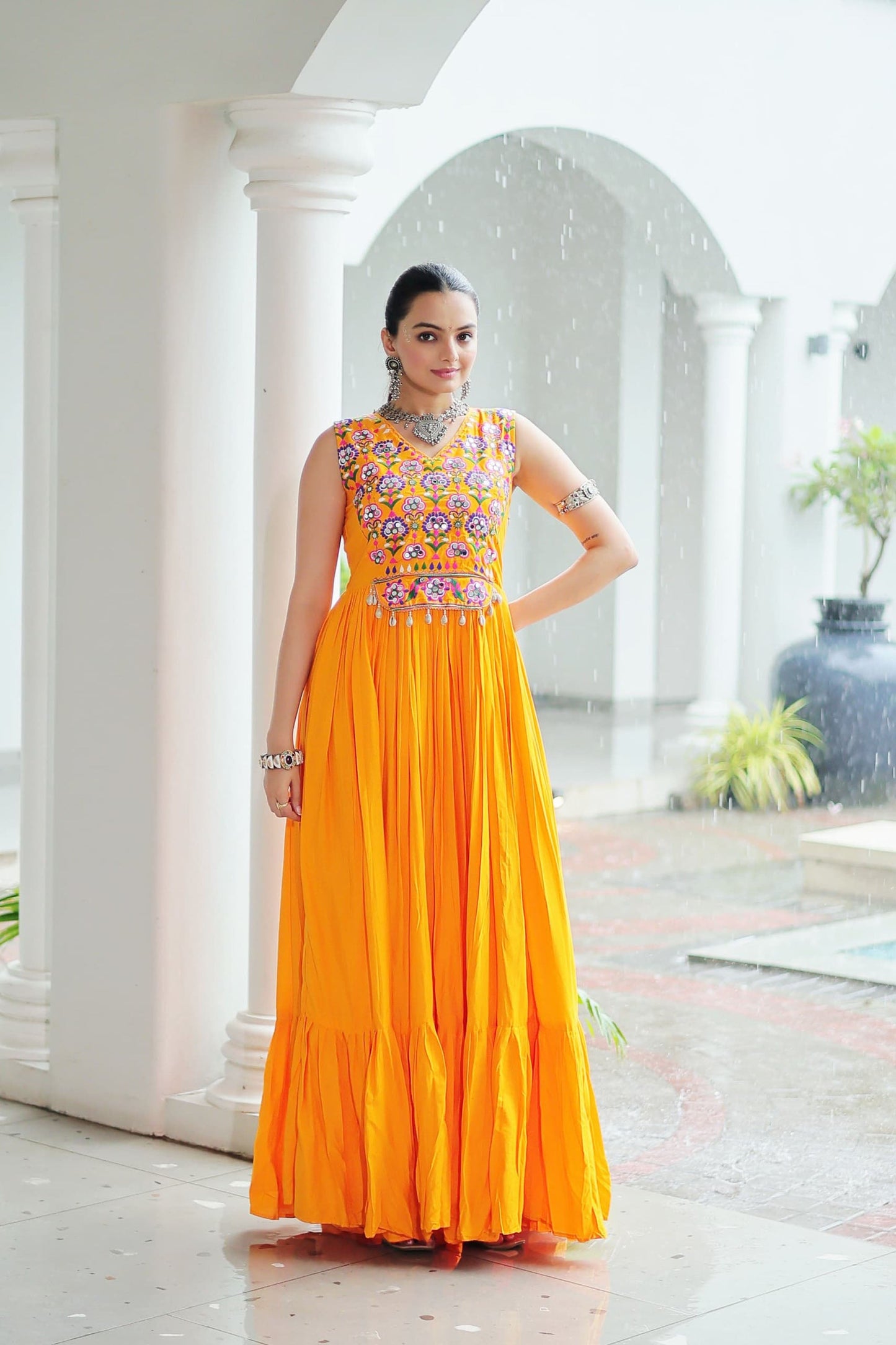 Lorenvalley Fashion Yellow Rayon Kutchi Gamthi Thread Embroidered & mirror Work Gown | Swadesiicart