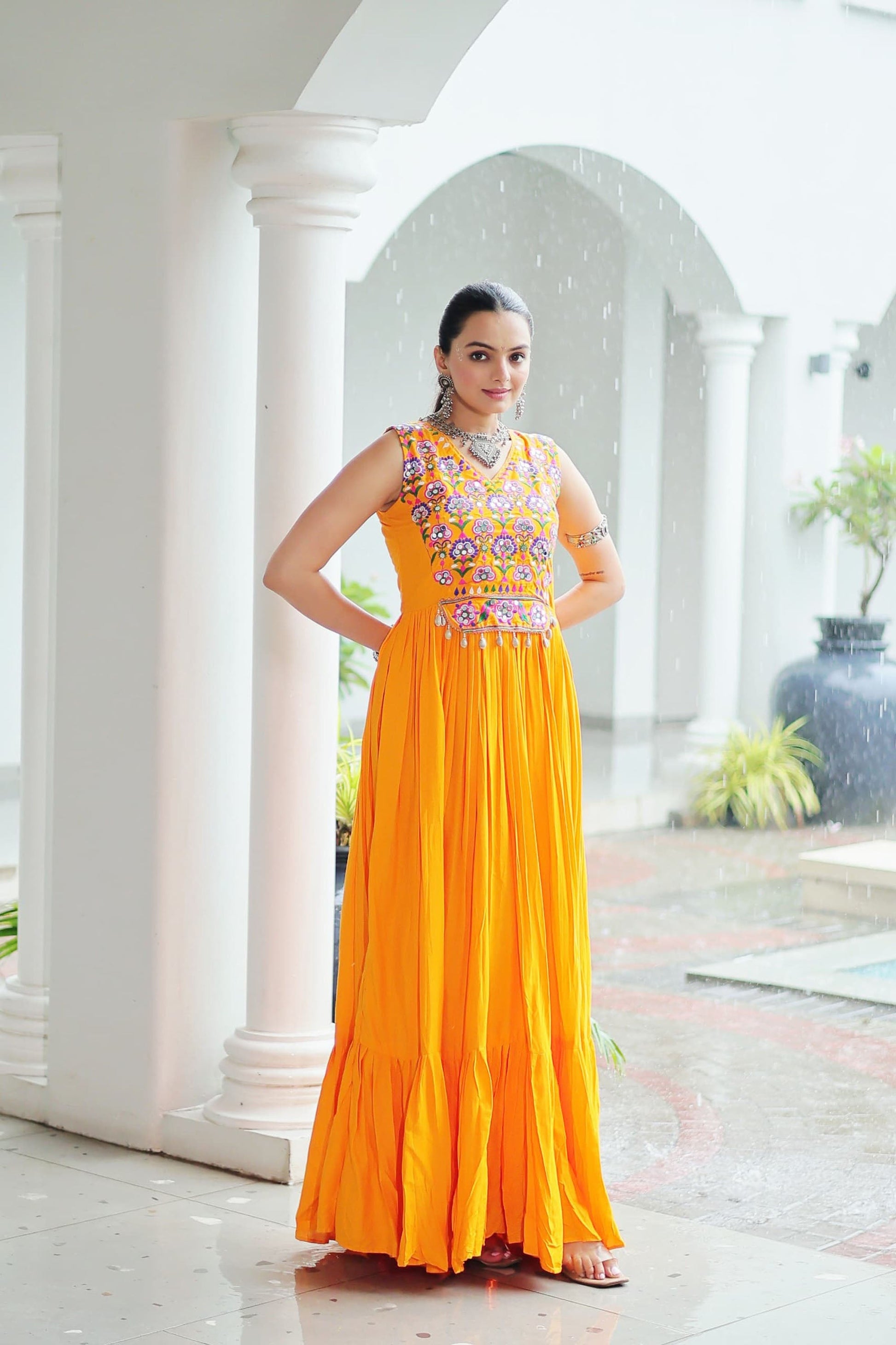 Lorenvalley Fashion Yellow Rayon Kutchi Gamthi Thread Embroidered & mirror Work Gown | Swadesiicart