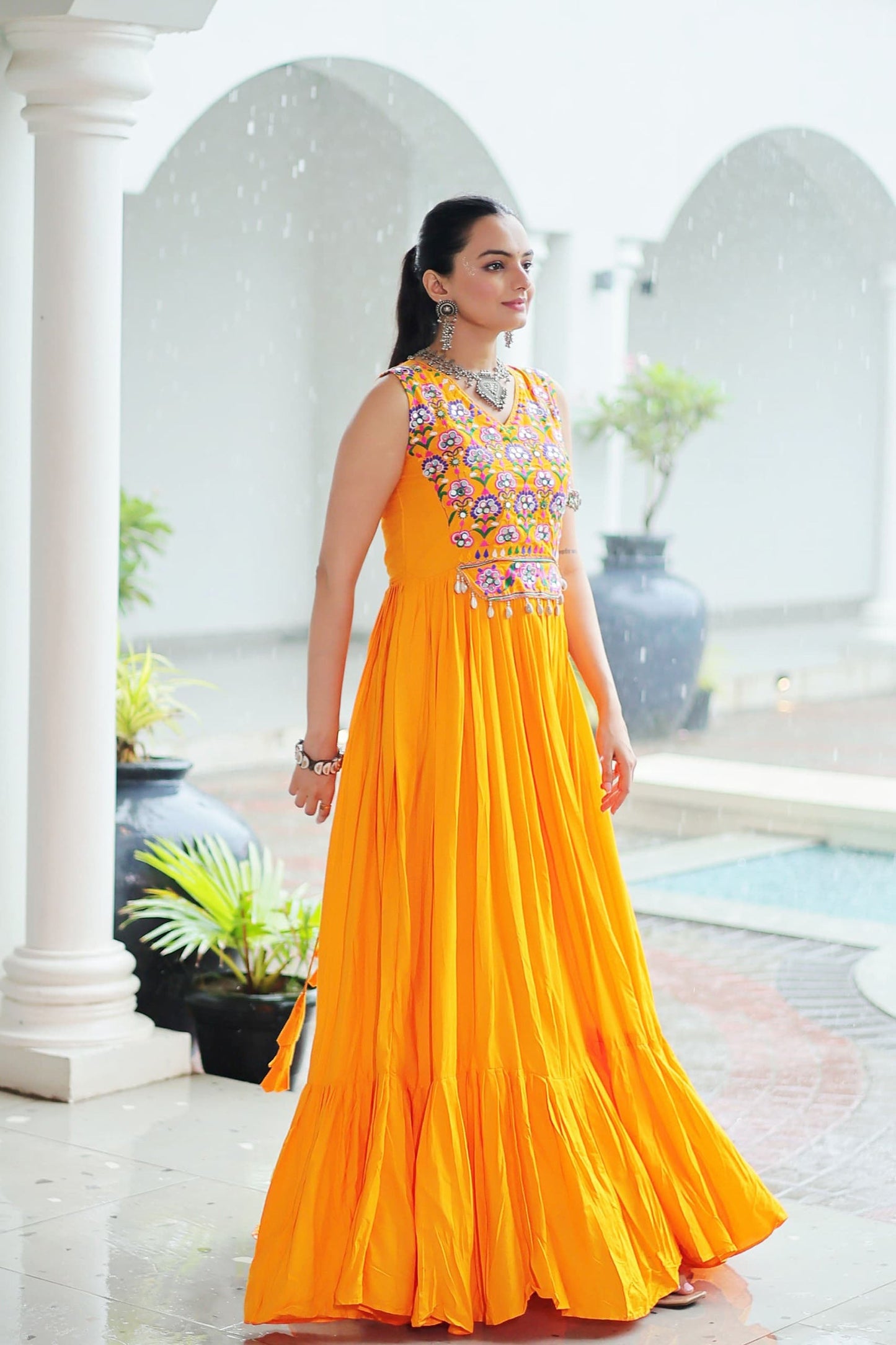 Lorenvalley Fashion Yellow Rayon Kutchi Gamthi Thread Embroidered & mirror Work Gown | Swadesiicart