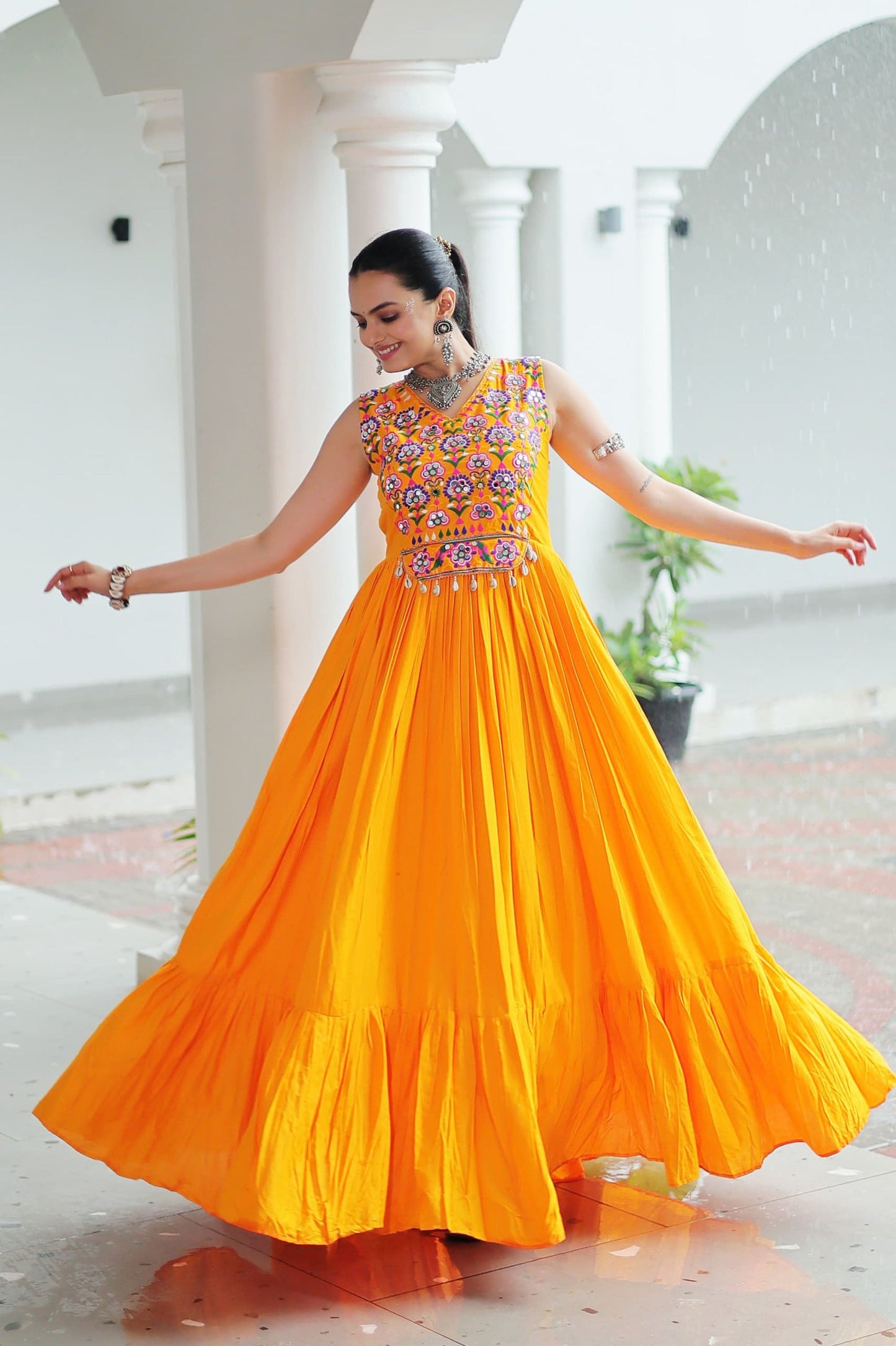 Lorenvalley Fashion Yellow Rayon Kutchi Gamthi Thread Embroidered & mirror Work Gown | Swadesiicart