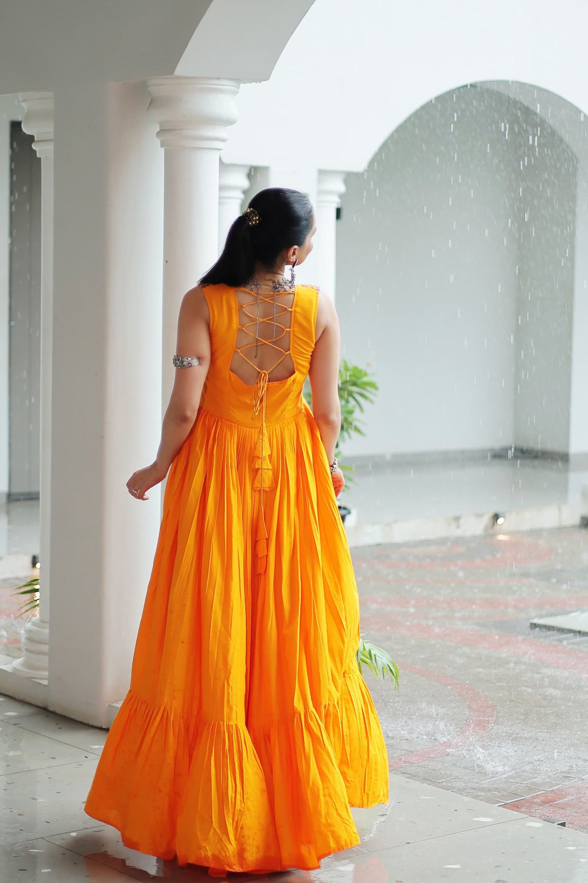Lorenvalley Fashion Yellow Rayon Kutchi Gamthi Thread Embroidered & mirror Work Gown | Swadesiicart