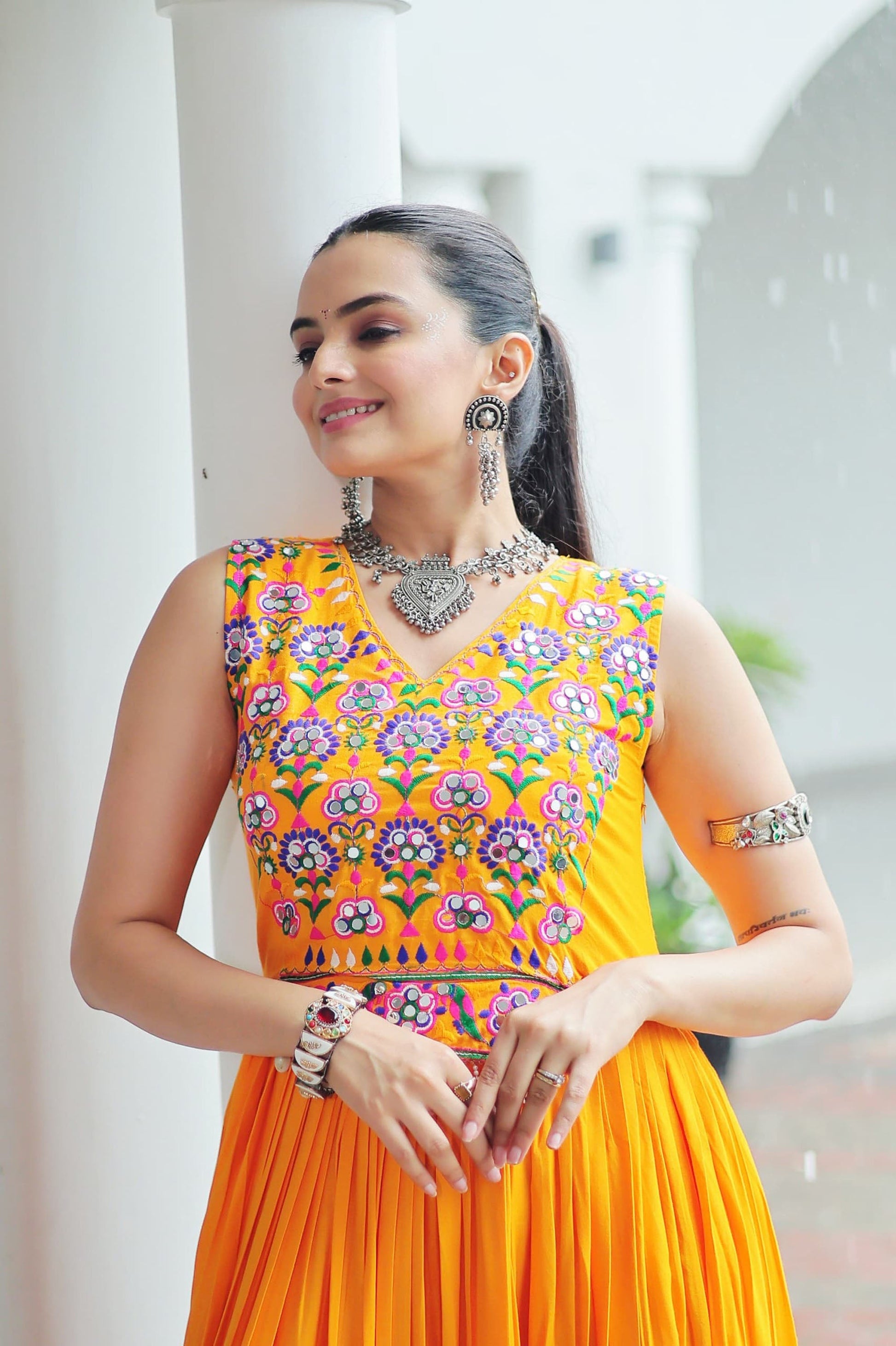 Lorenvalley Fashion Yellow Rayon Kutchi Gamthi Thread Embroidered & mirror Work Gown | Swadesiicart