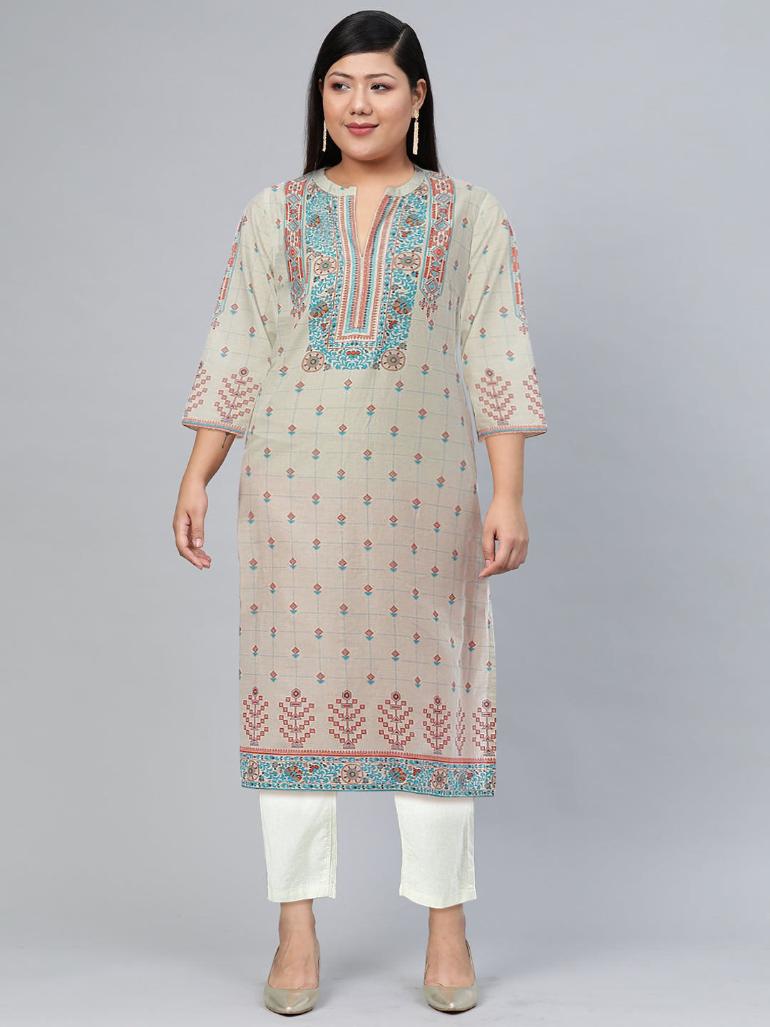 Biba Women Beige Ethnic Printed Regular Kurta - Swadesiicart