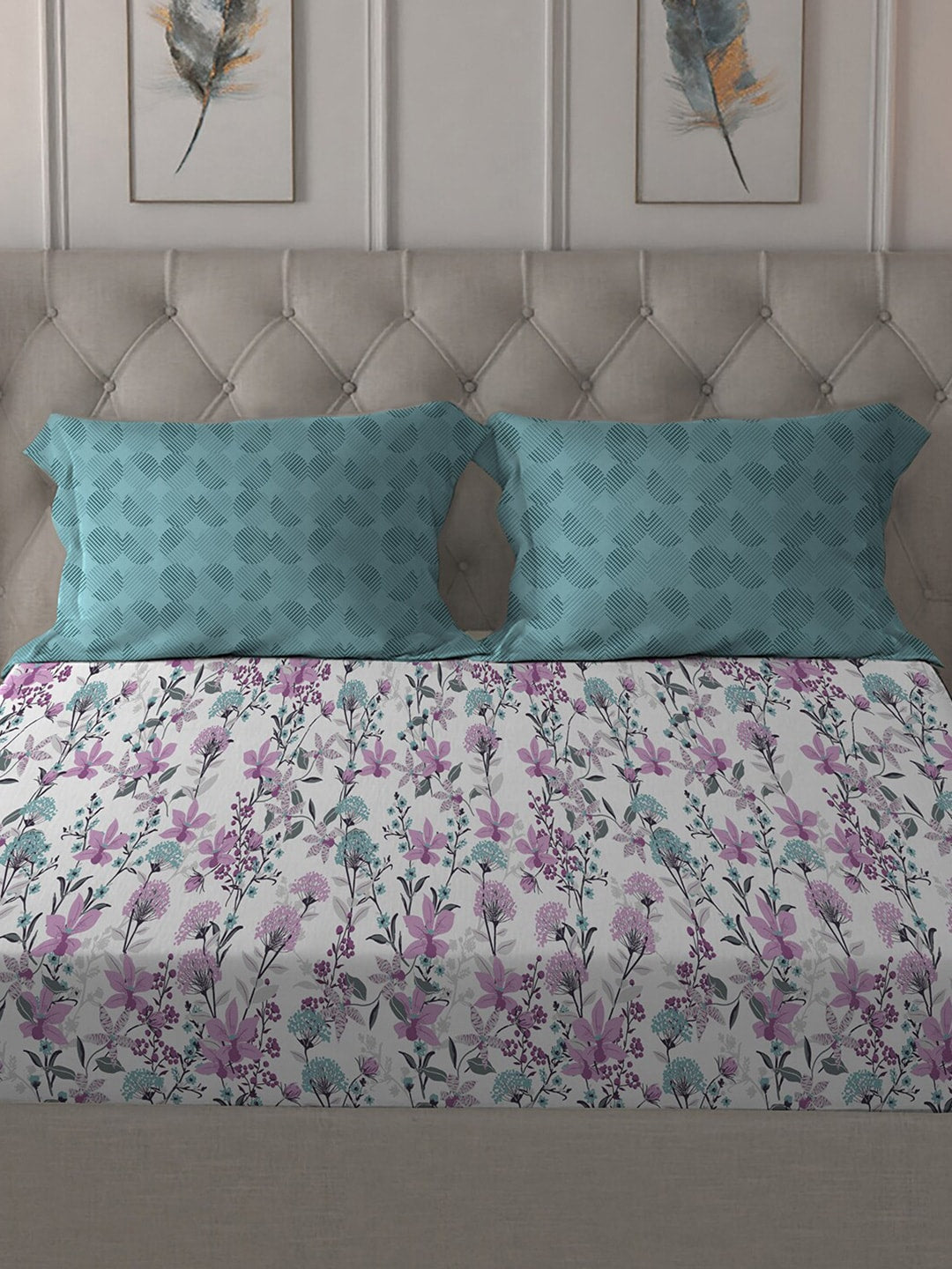 MYTRIDENT Violet White Floral Cotton 144 TC Queen Bedsheet With 2 Pillow Covers - Swadesiicart