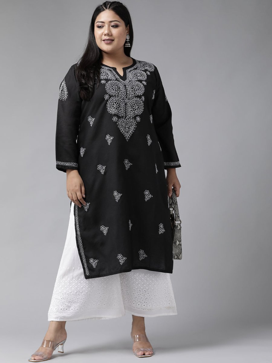 ADA Women Plus Size Black & White Chikankari Hand Embroidered Sustainable Straight Kurta | Swadesiicart
