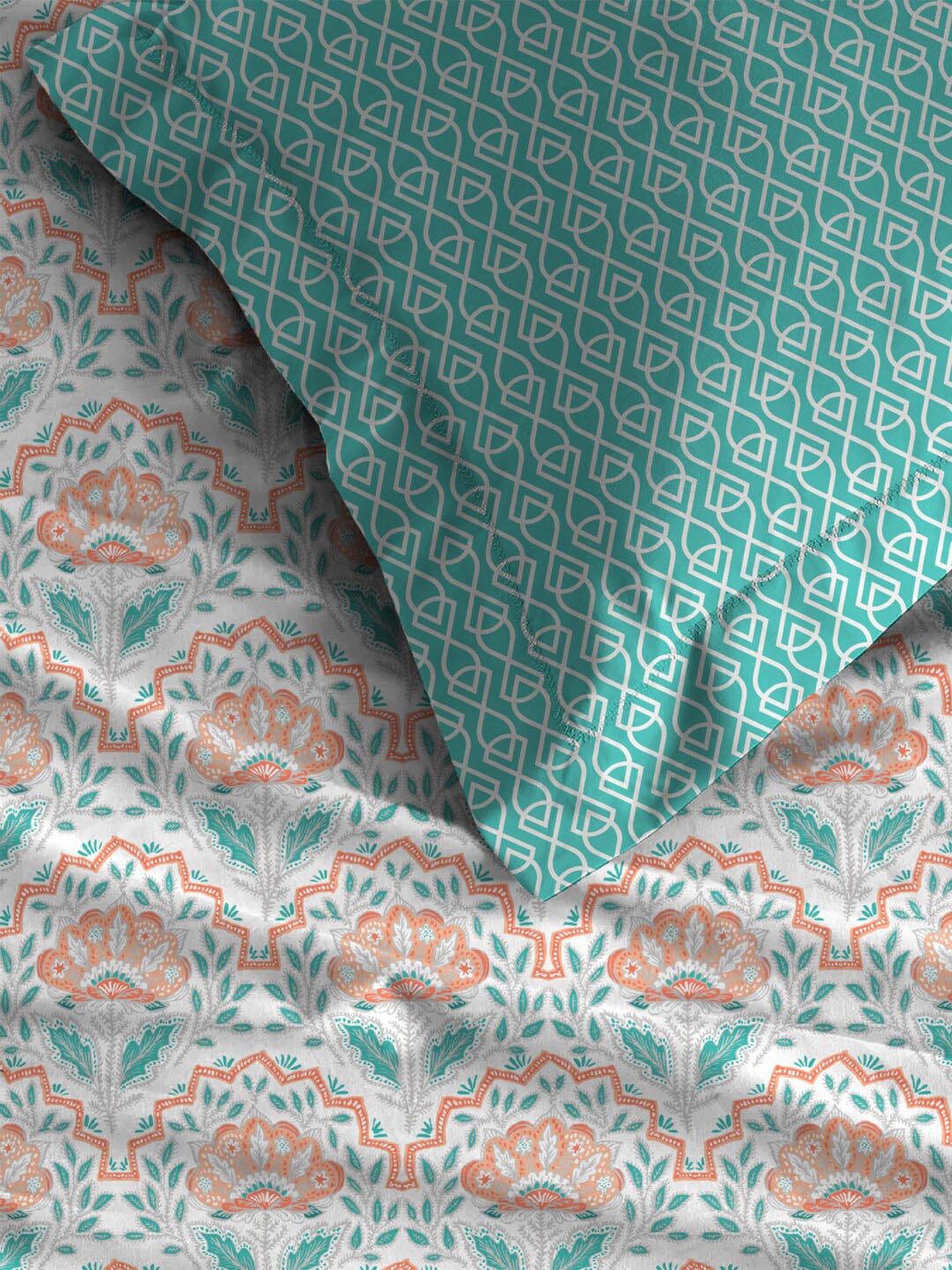 MYTRIDENT Orange Blue Ethnic Motifs Pure Cotton 120 TC Queen Bedsheet With 2 Pillow Covers - Swadesiicart