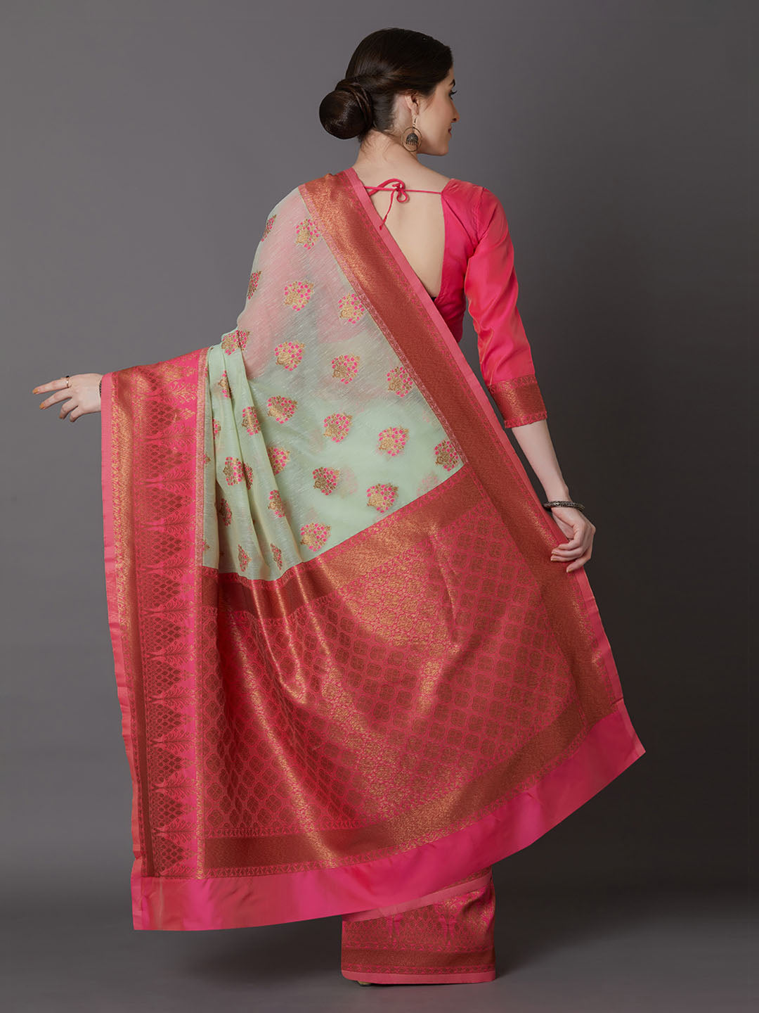 Mitera Sea Green & Pink Silk Blend Woven Design Banarasi Saree | Swadesiicart