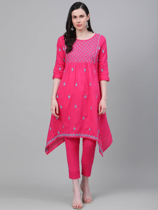 ADA Women Pink & Blue Chikankari Embroidered Cotton Handloom Kurta with Trousers | Swadesiicart
