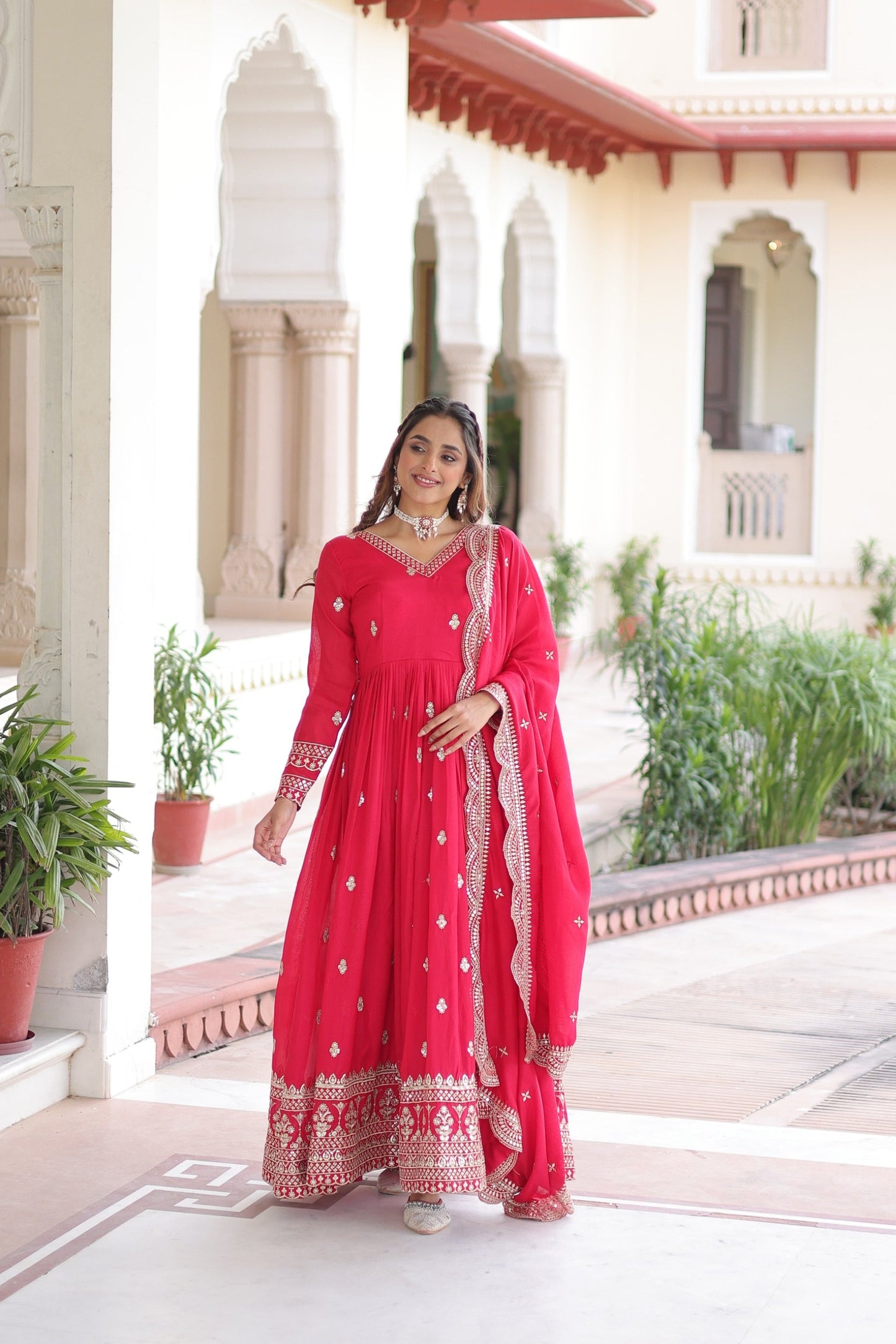Lorenvalley Fashion Pink Vichitra Silk with Rich Sequins & Zari Embroidered work Anarkali Gown with Dupatta | Swadesiicart
