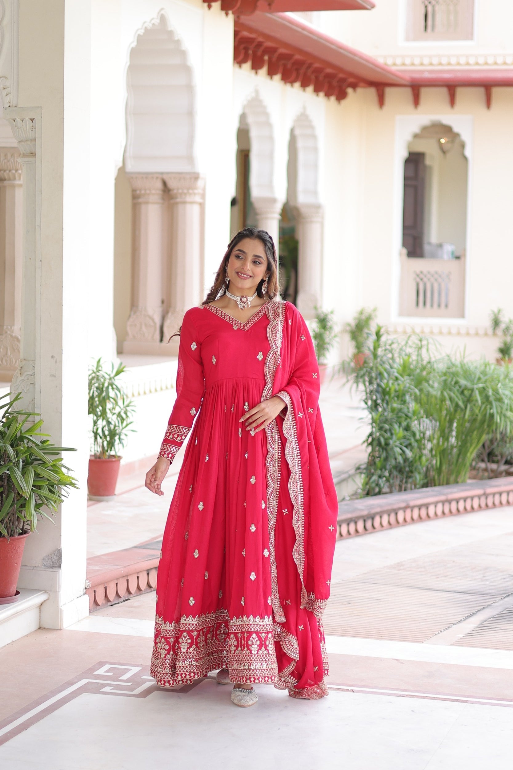 Lorenvalley Fashion Pink Vichitra Silk with Rich Sequins & Zari Embroidered work Anarkali Gown with Dupatta | Swadesiicart
