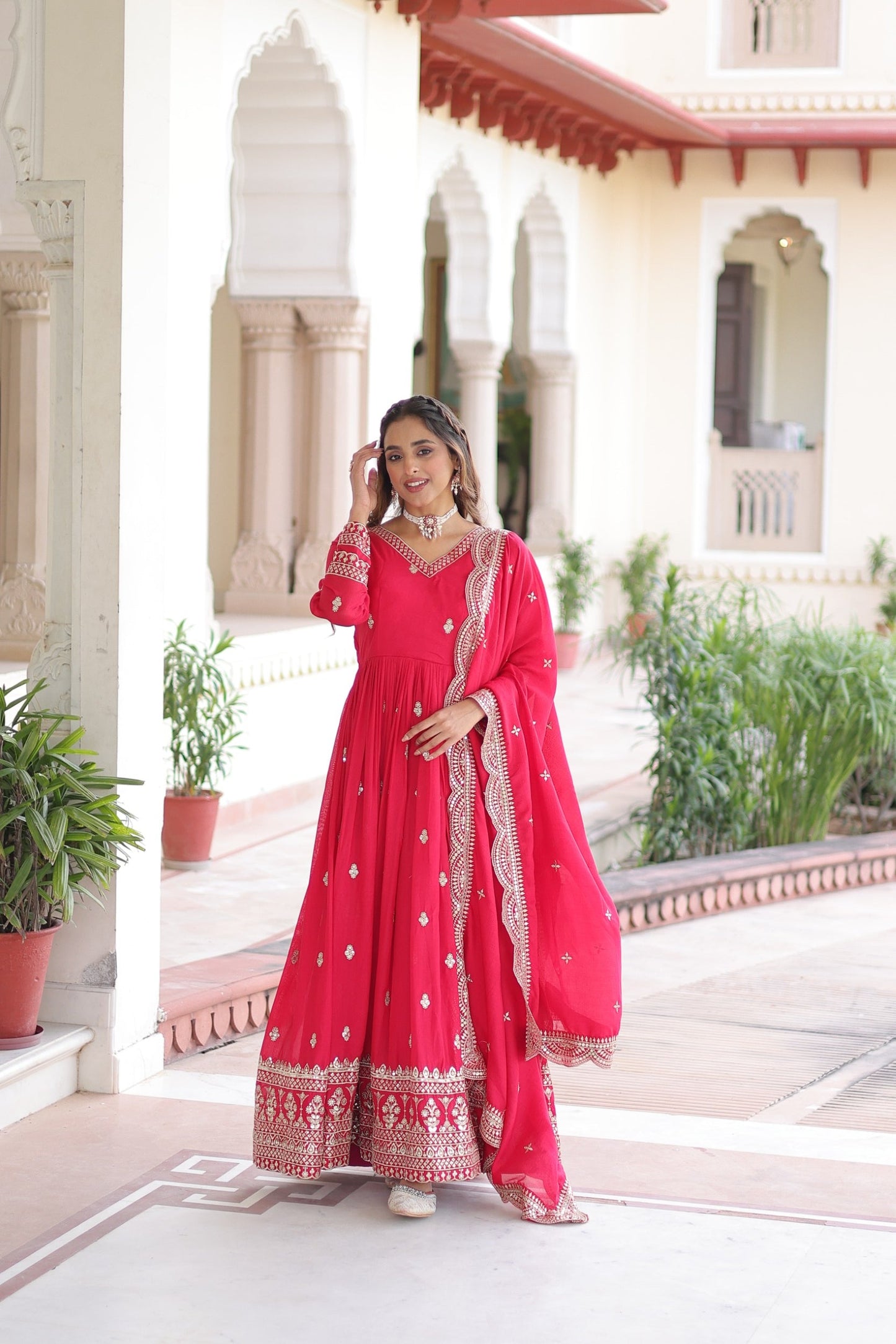 Lorenvalley Fashion Pink Vichitra Silk with Rich Sequins & Zari Embroidered work Anarkali Gown with Dupatta | Swadesiicart