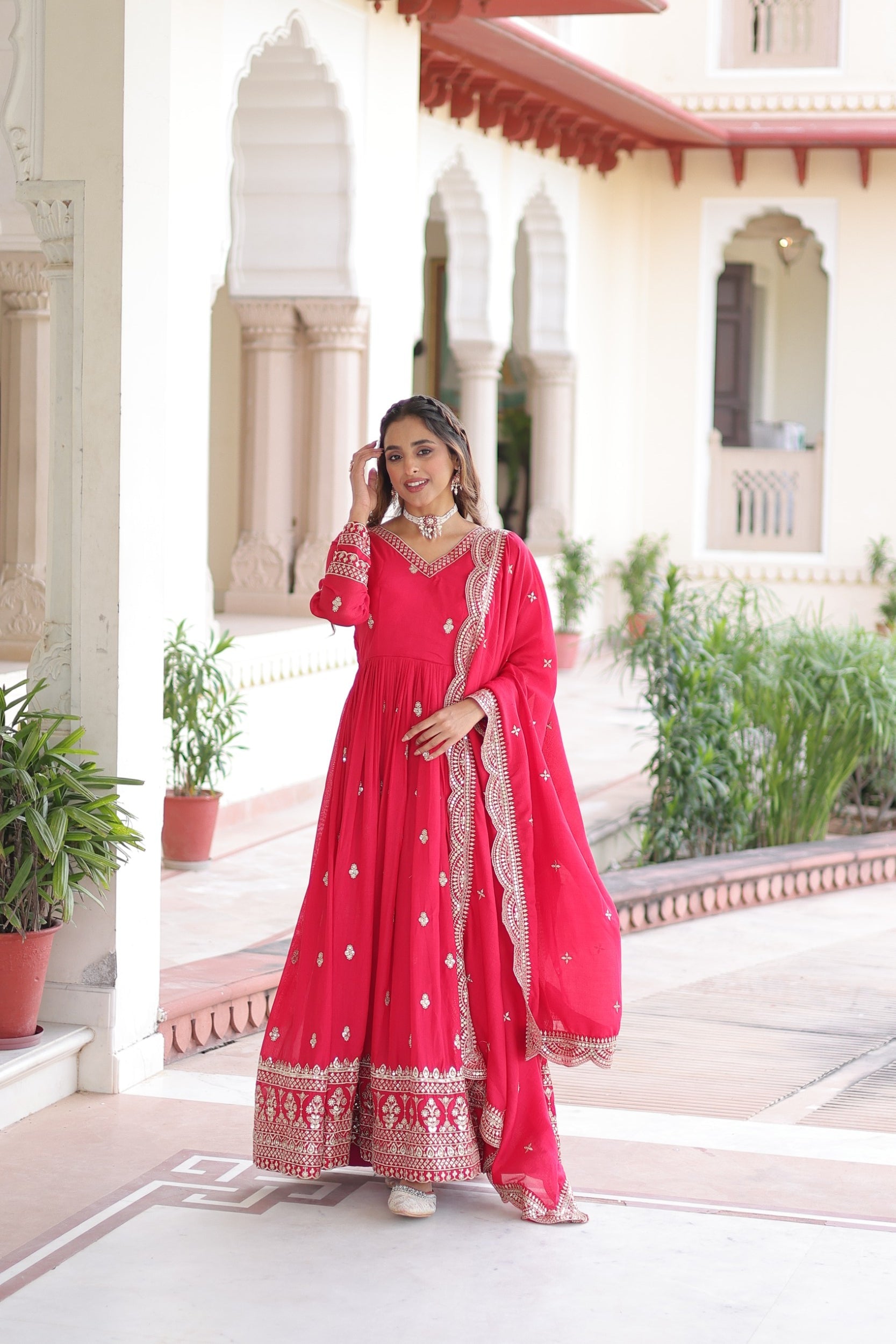 Lorenvalley Fashion Pink Vichitra Silk with Rich Sequins & Zari Embroidered work Anarkali Gown with Dupatta | Swadesiicart