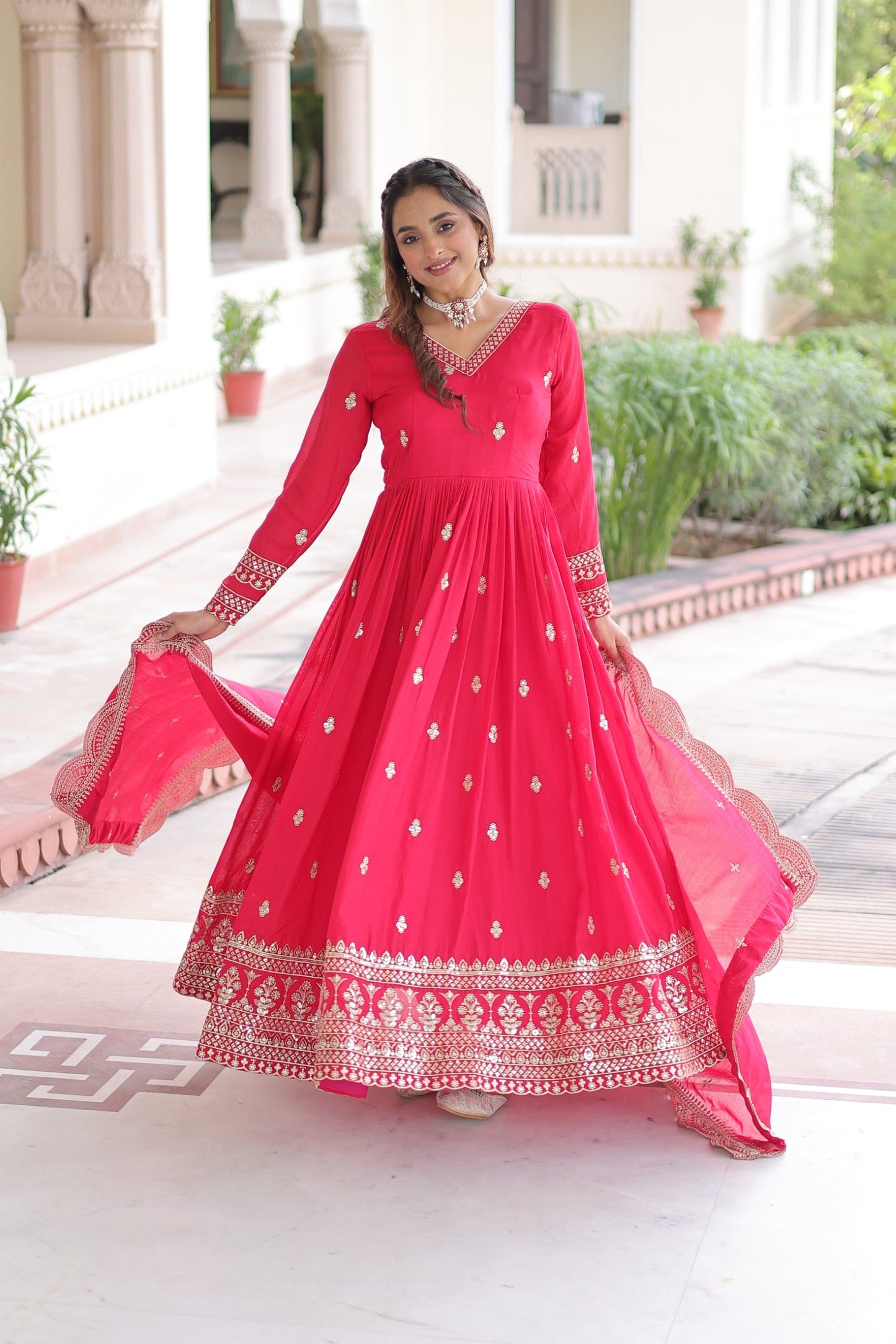 Lorenvalley Fashion Pink Vichitra Silk with Rich Sequins & Zari Embroidered work Anarkali Gown with Dupatta | Swadesiicart