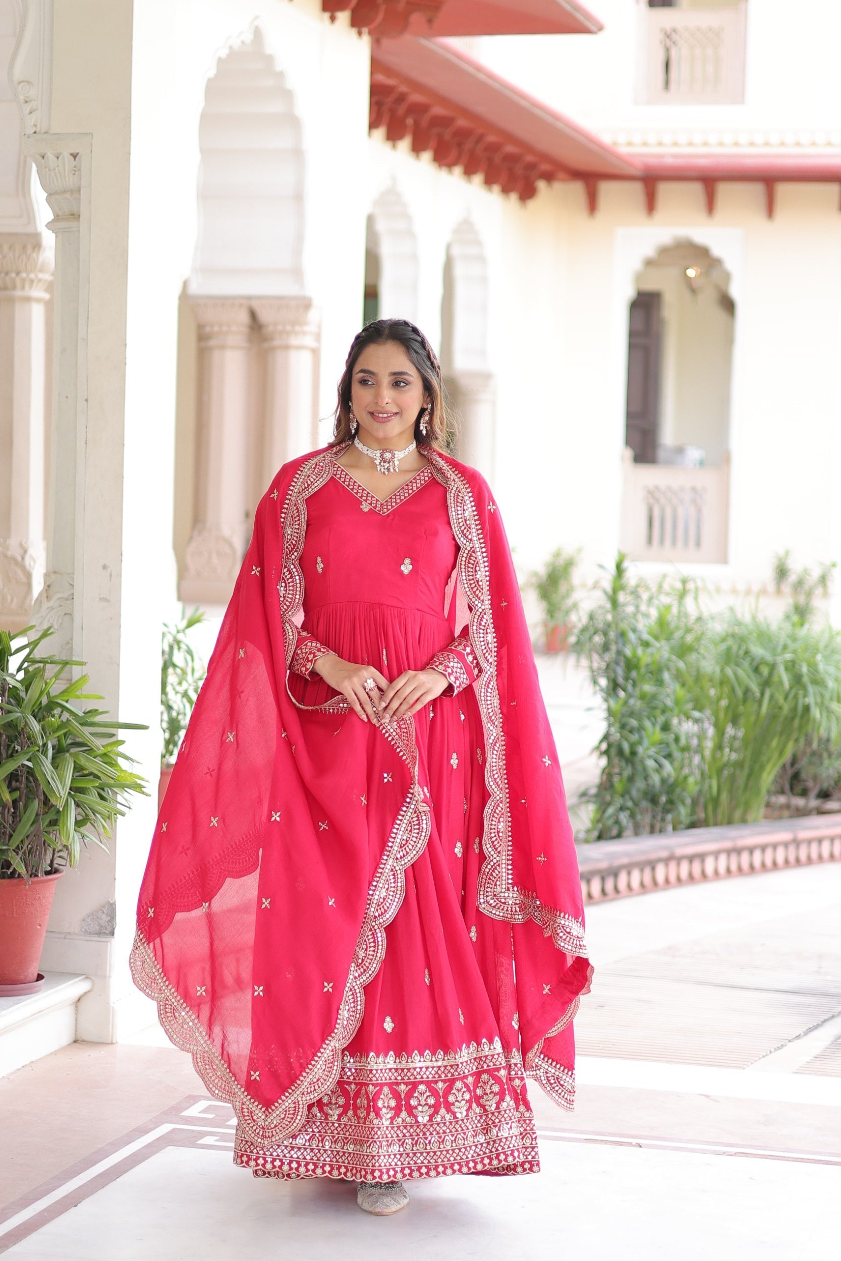 Lorenvalley Fashion Pink Vichitra Silk with Rich Sequins & Zari Embroidered work Anarkali Gown with Dupatta | Swadesiicart
