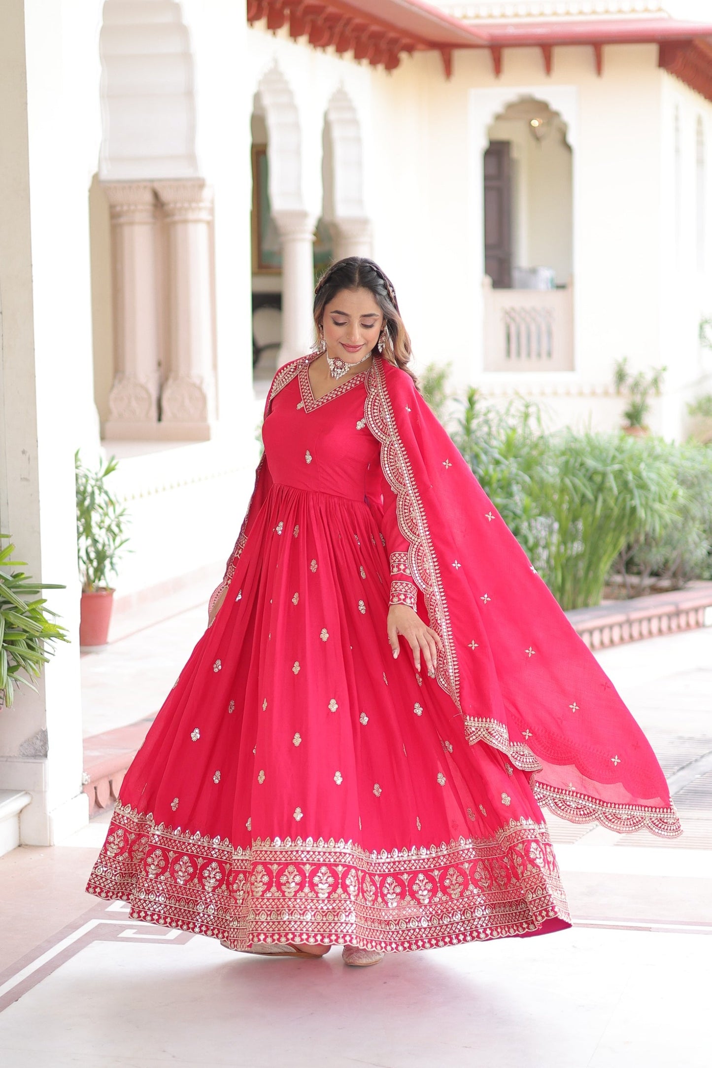 Lorenvalley Fashion Pink Vichitra Silk with Rich Sequins & Zari Embroidered work Anarkali Gown with Dupatta | Swadesiicart