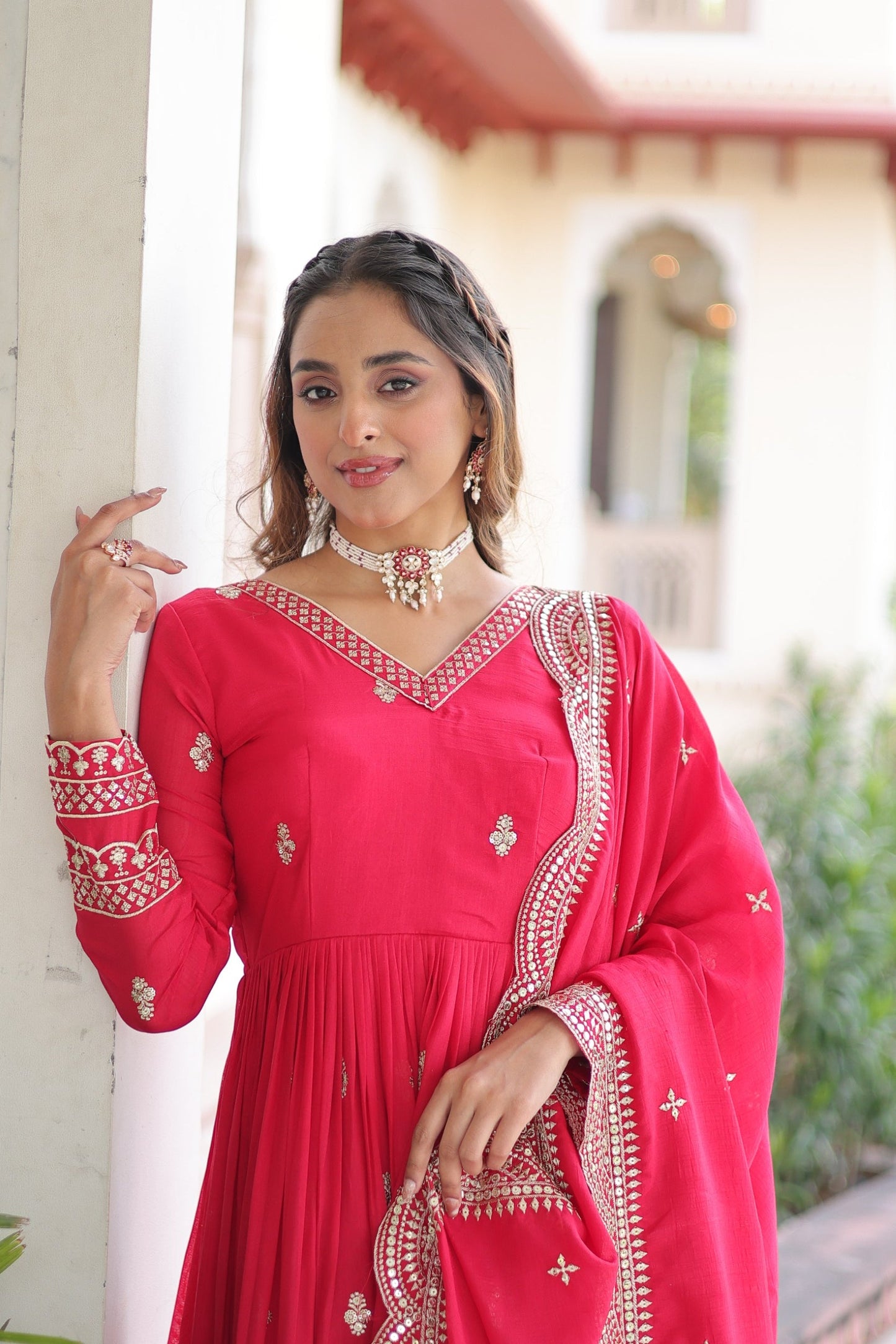 Lorenvalley Fashion Pink Vichitra Silk with Rich Sequins & Zari Embroidered work Anarkali Gown with Dupatta | Swadesiicart