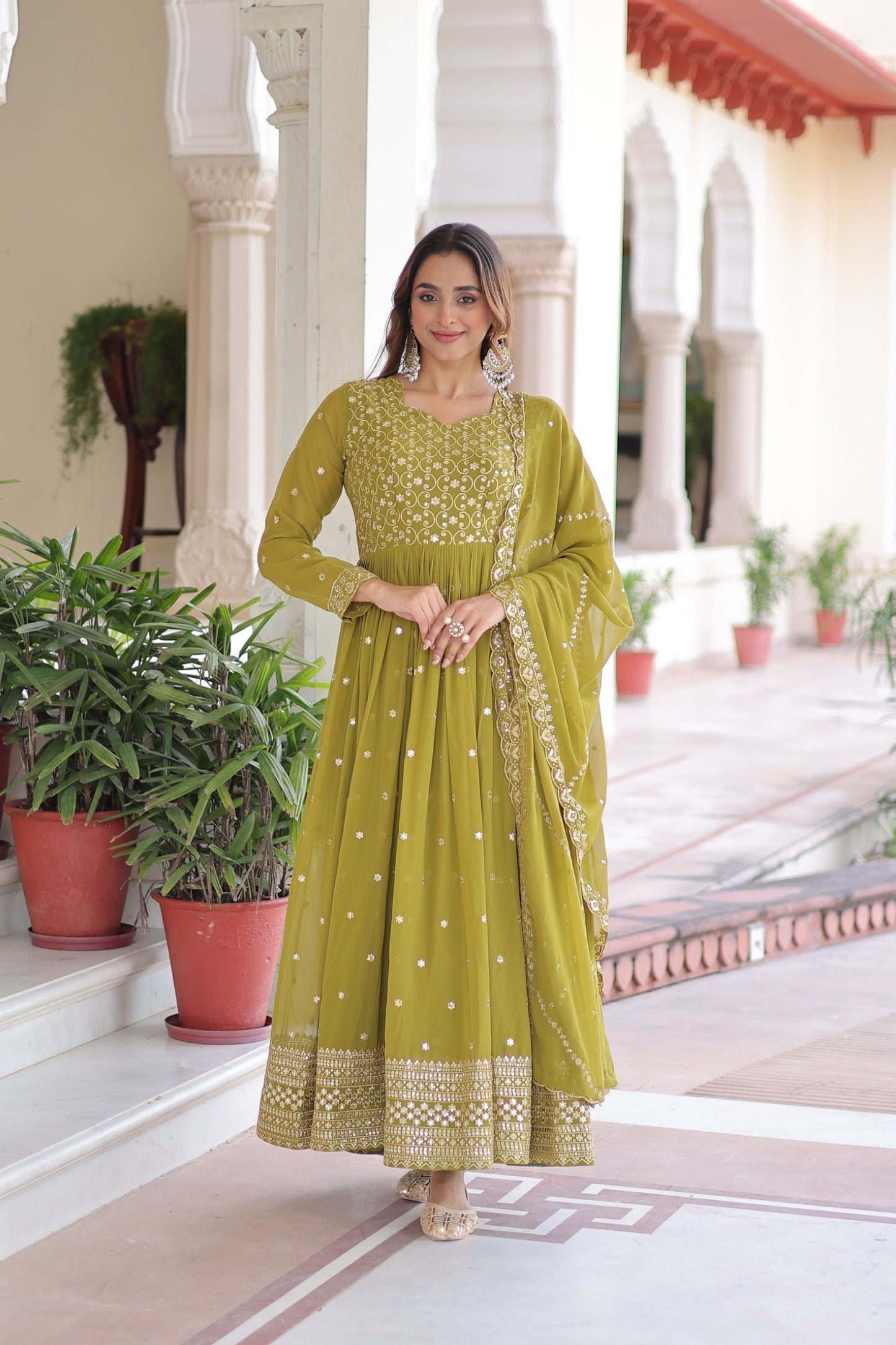 Lorenvalley Fashion Mehendi Faux Georgette with Rich Sequins & Zari Embroidered work Anarkali Gown with Dupatta | Swadesiicart