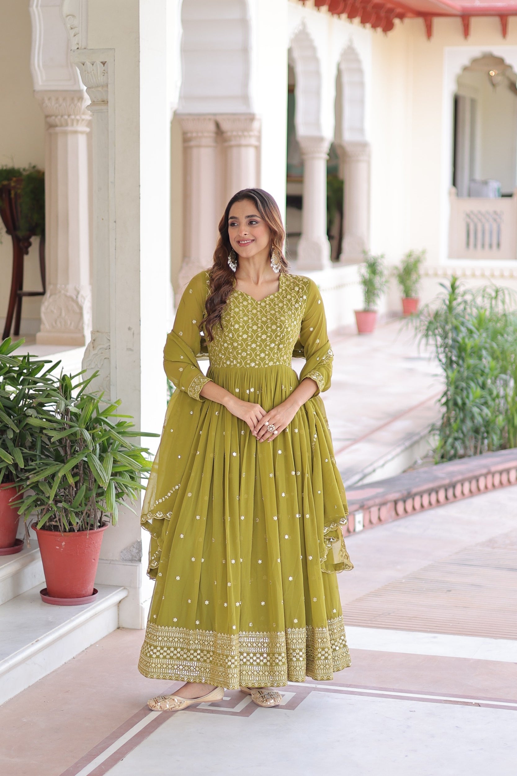 Lorenvalley Fashion Mehendi Faux Georgette with Rich Sequins & Zari Embroidered work Anarkali Gown with Dupatta | Swadesiicart