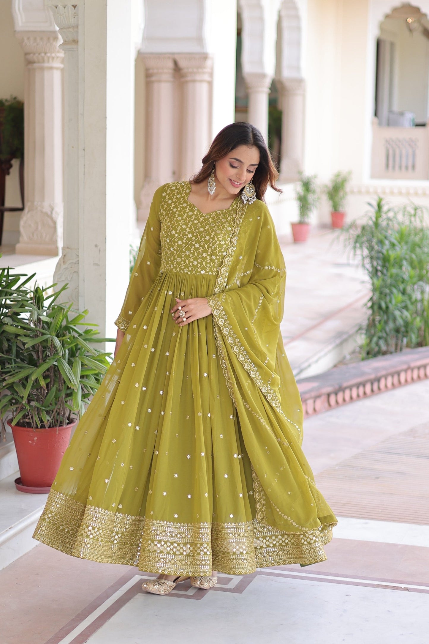 Lorenvalley Fashion Mehendi Faux Georgette with Rich Sequins & Zari Embroidered work Anarkali Gown with Dupatta | Swadesiicart