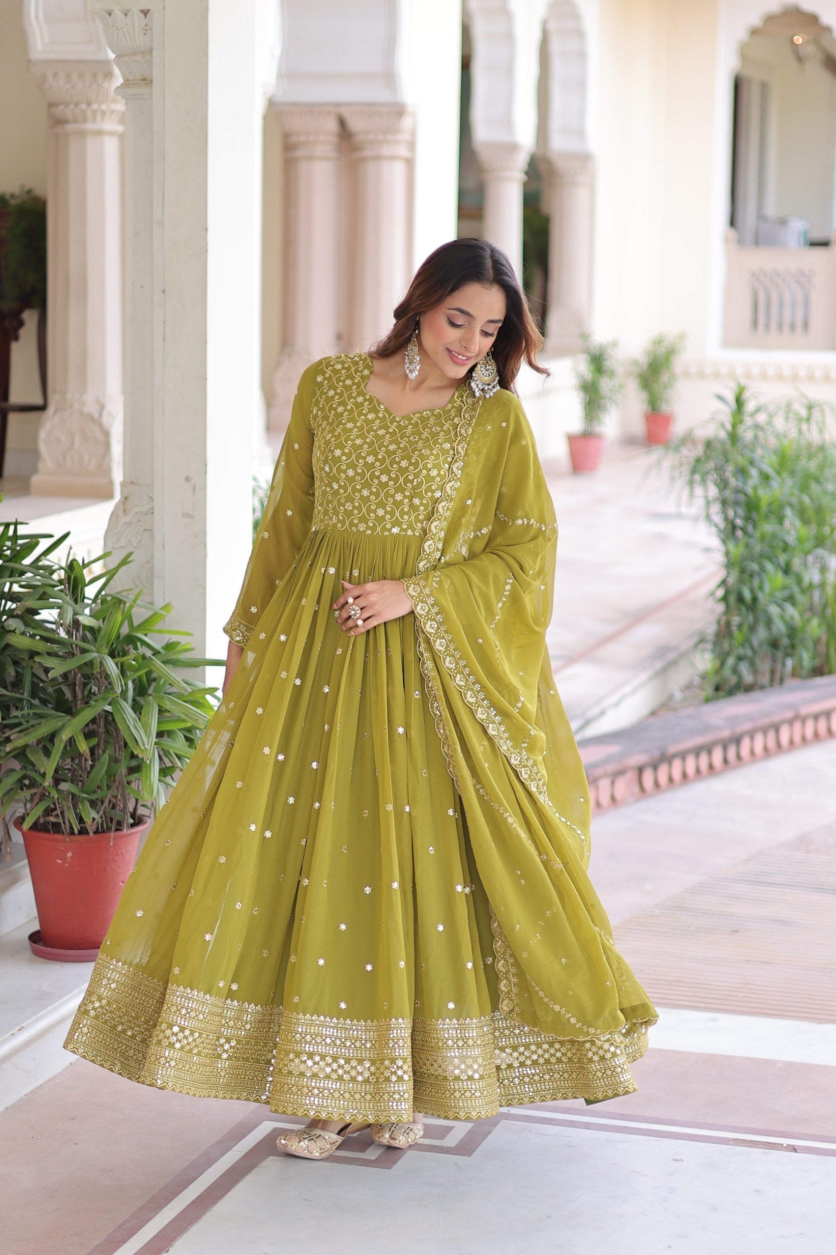 Lorenvalley Fashion Mehendi Faux Georgette with Rich Sequins & Zari Embroidered work Anarkali Gown with Dupatta | Swadesiicart