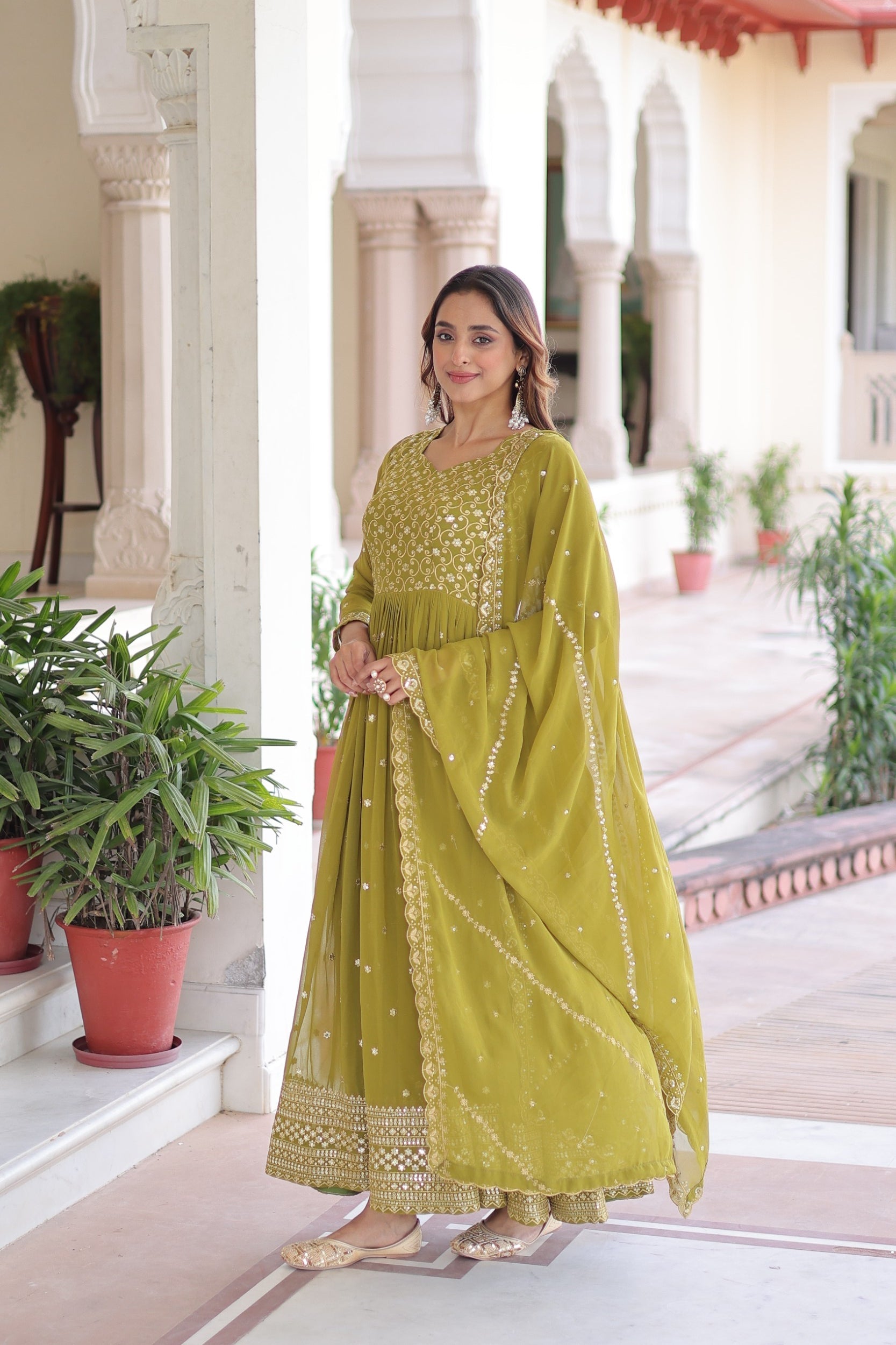 Lorenvalley Fashion Mehendi Faux Georgette with Rich Sequins & Zari Embroidered work Anarkali Gown with Dupatta | Swadesiicart