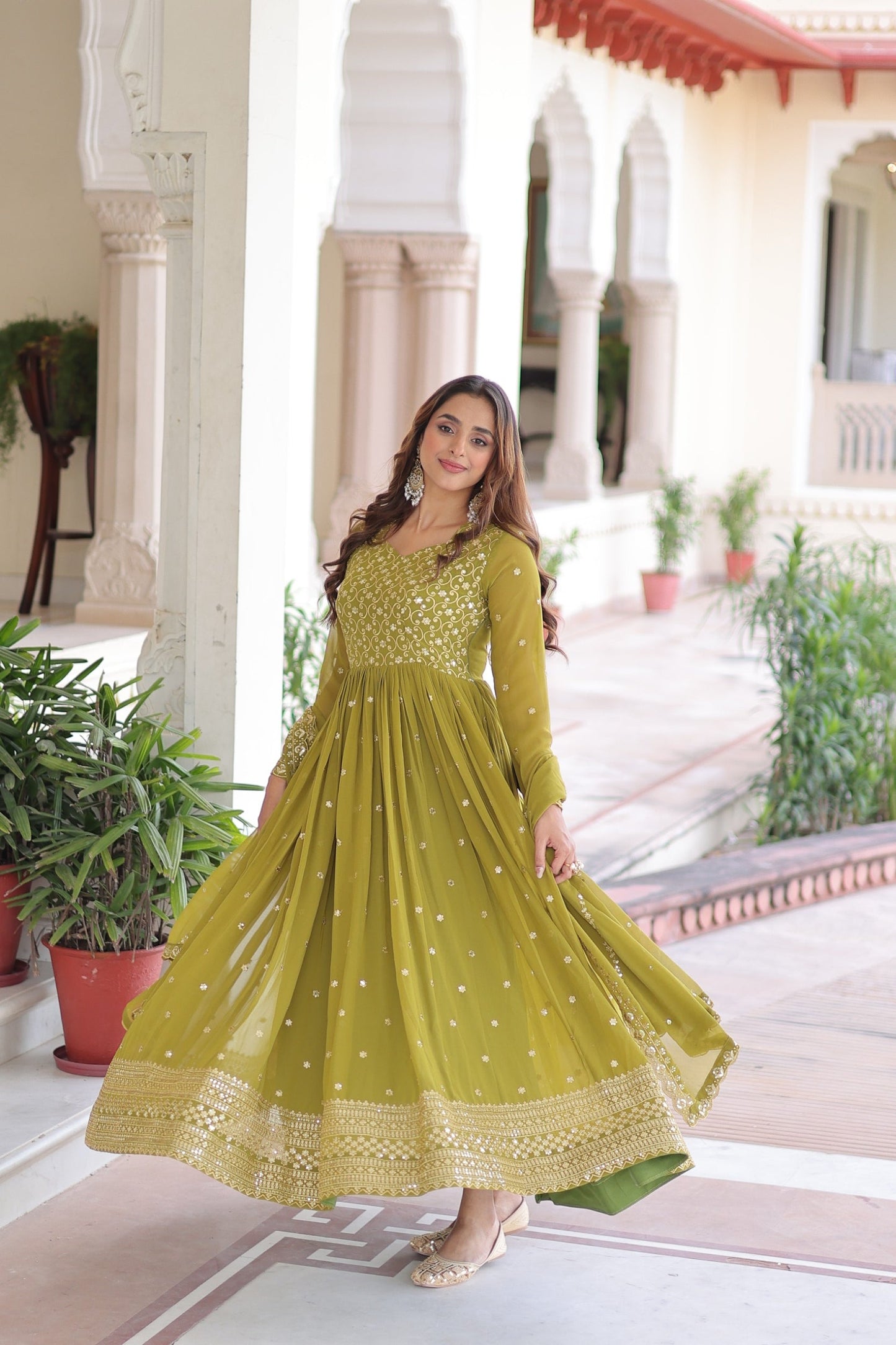 Lorenvalley Fashion Mehendi Faux Georgette with Rich Sequins & Zari Embroidered work Anarkali Gown with Dupatta | Swadesiicart