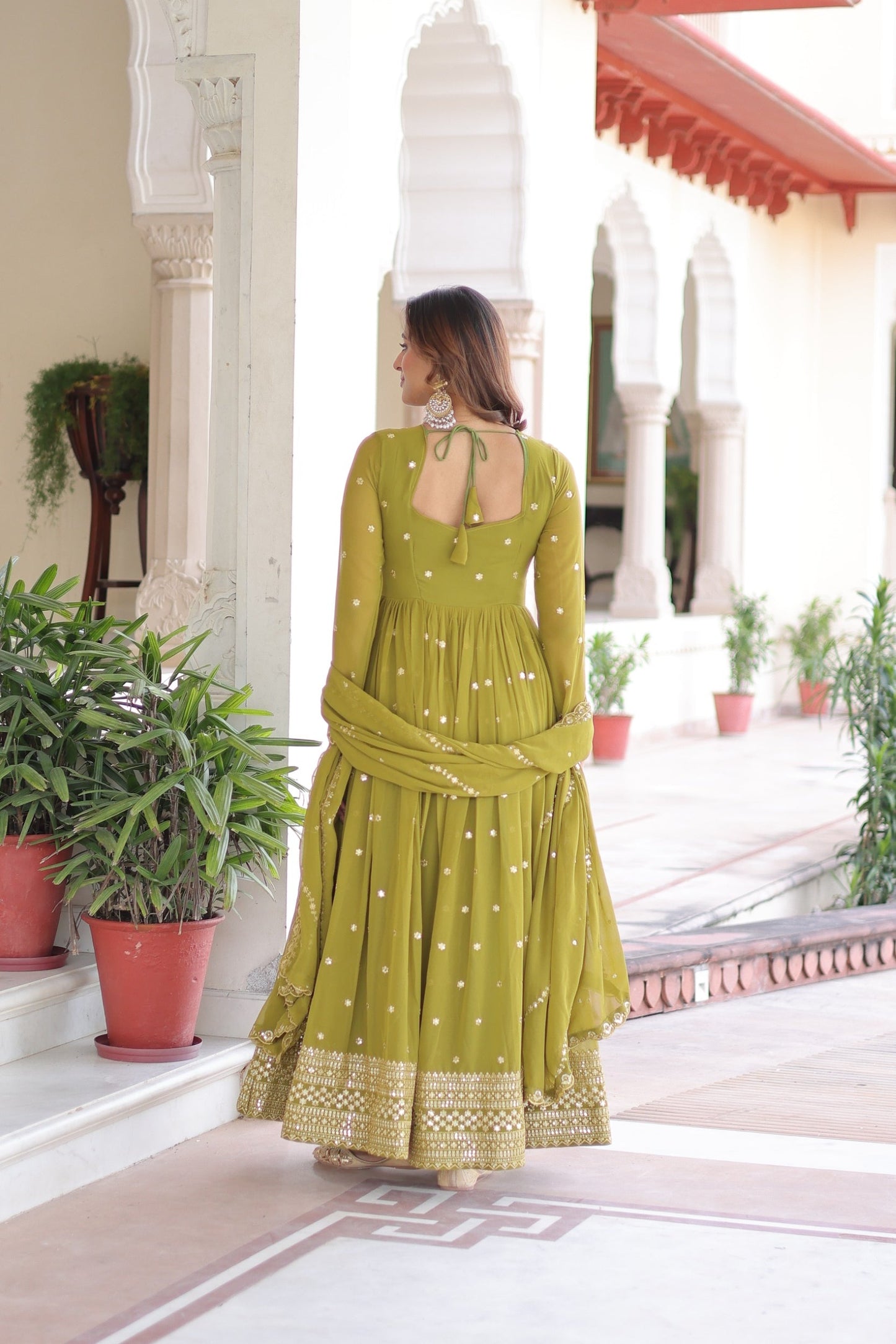 Lorenvalley Fashion Mehendi Faux Georgette with Rich Sequins & Zari Embroidered work Anarkali Gown with Dupatta | Swadesiicart