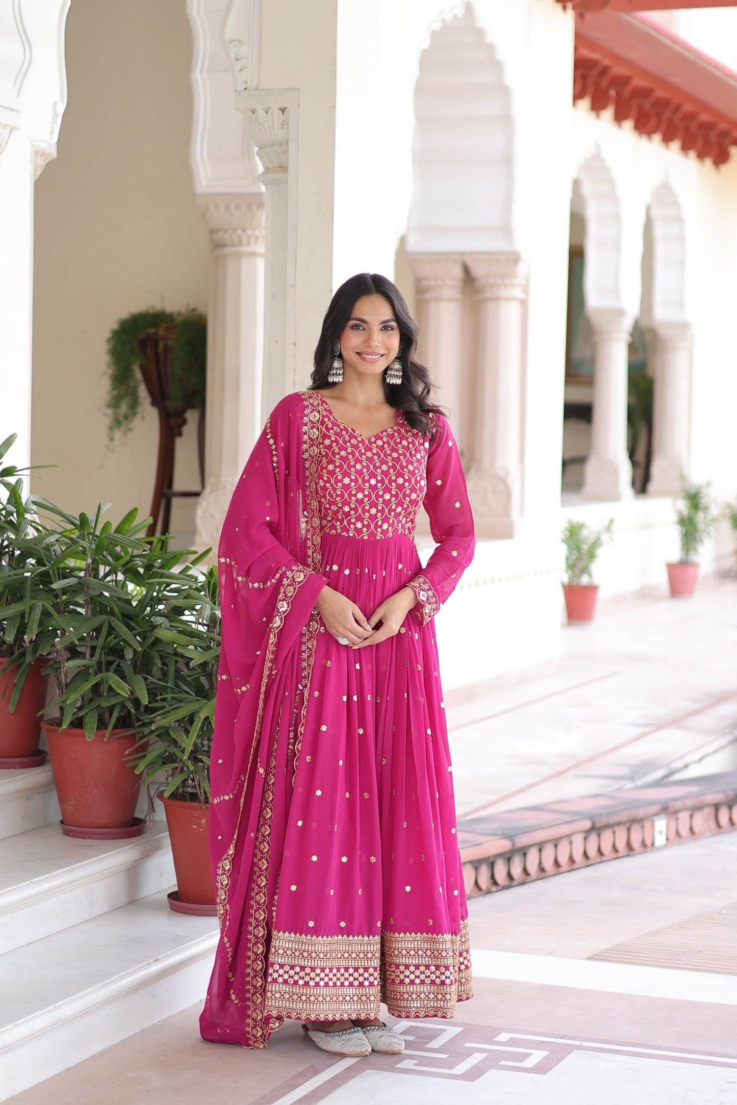 Lorenvalley Fashion Pink Faux Georgette with Rich Sequins & Zari Embroidered work Anarkali Gown with Dupatta | Swadesiicart