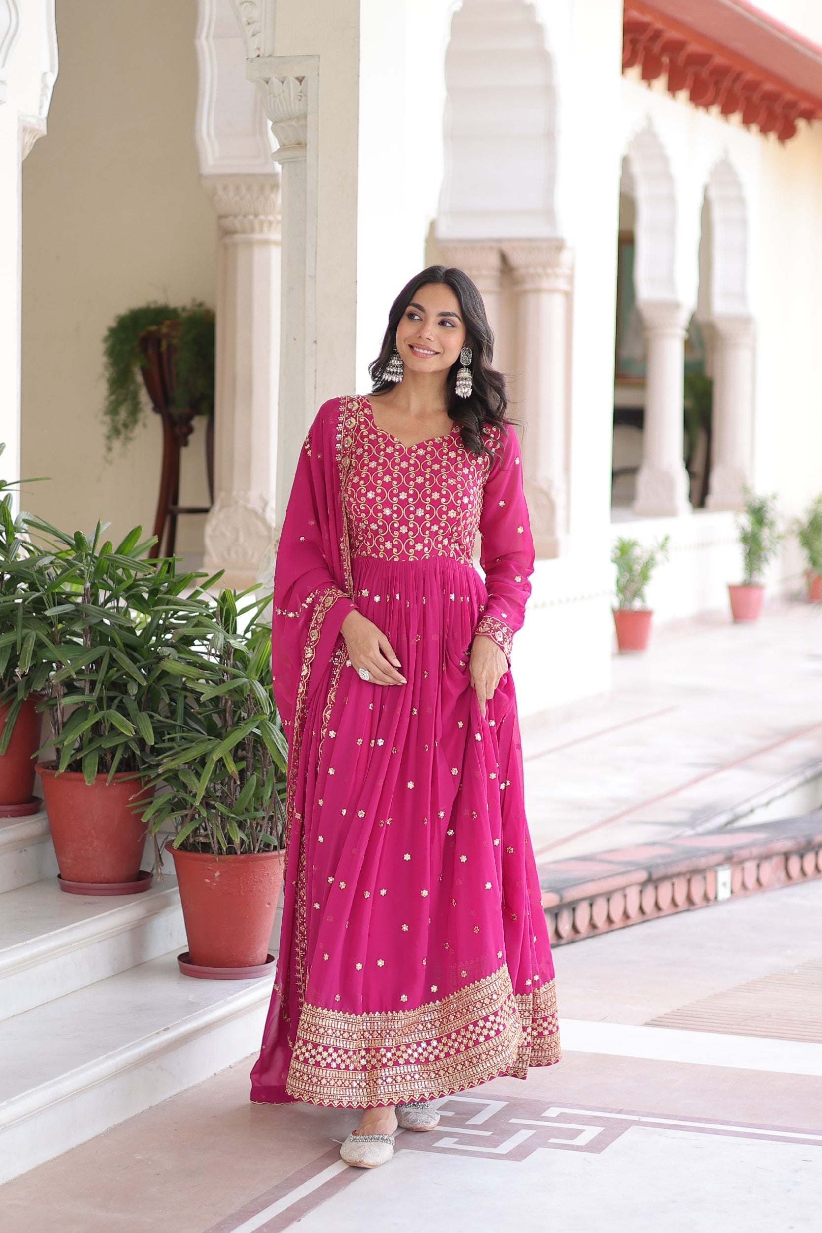 Lorenvalley Fashion Pink Faux Georgette with Rich Sequins & Zari Embroidered work Anarkali Gown with Dupatta | Swadesiicart
