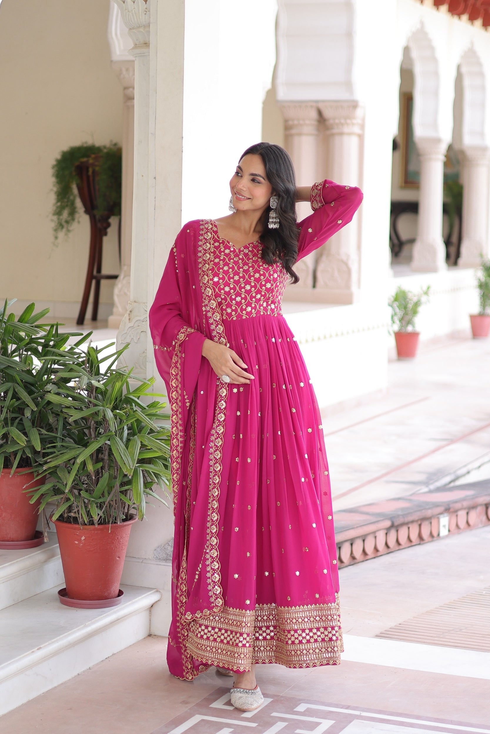 Lorenvalley Fashion Pink Faux Georgette with Rich Sequins & Zari Embroidered work Anarkali Gown with Dupatta | Swadesiicart