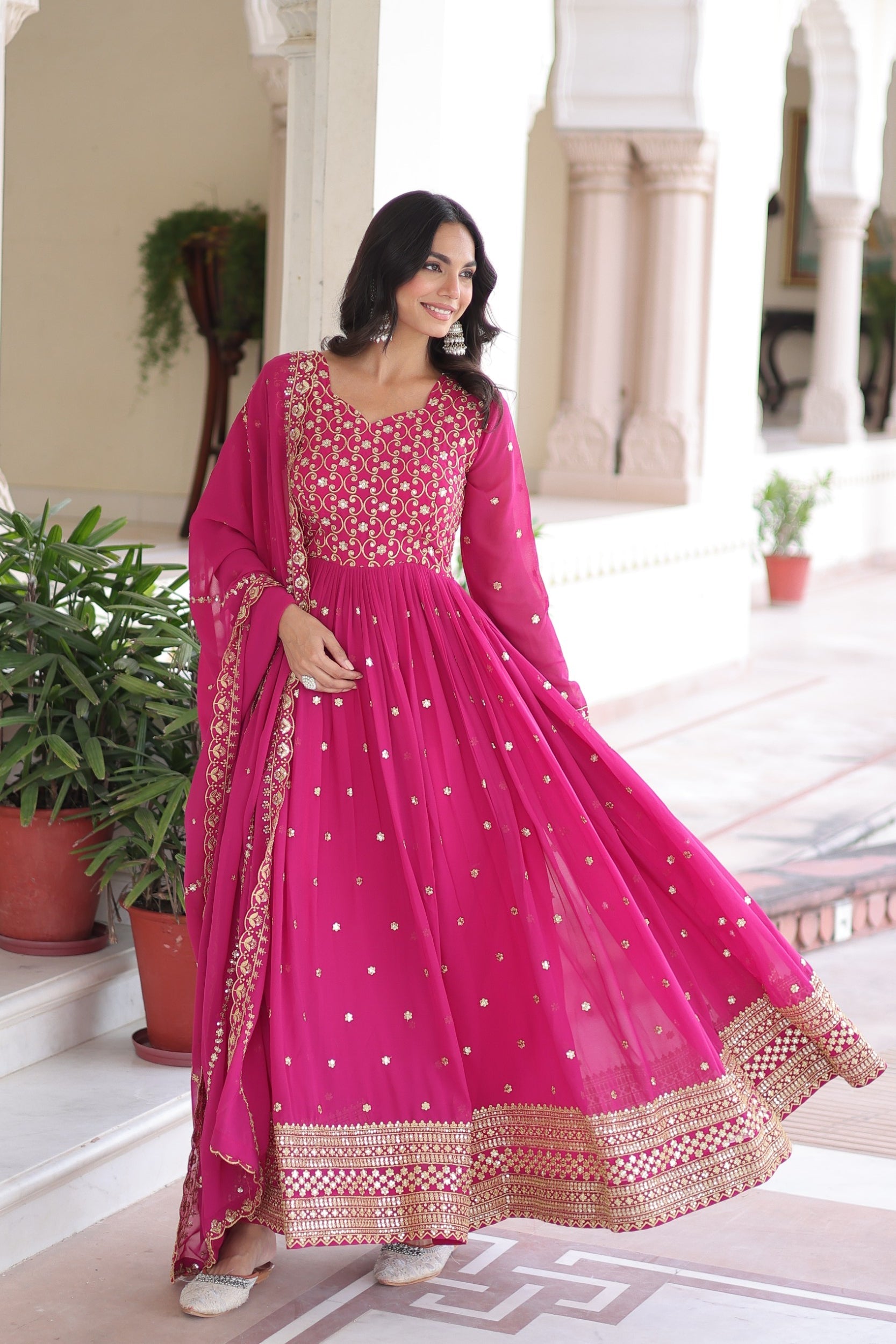 Lorenvalley Fashion Pink Faux Georgette with Rich Sequins & Zari Embroidered work Anarkali Gown with Dupatta | Swadesiicart