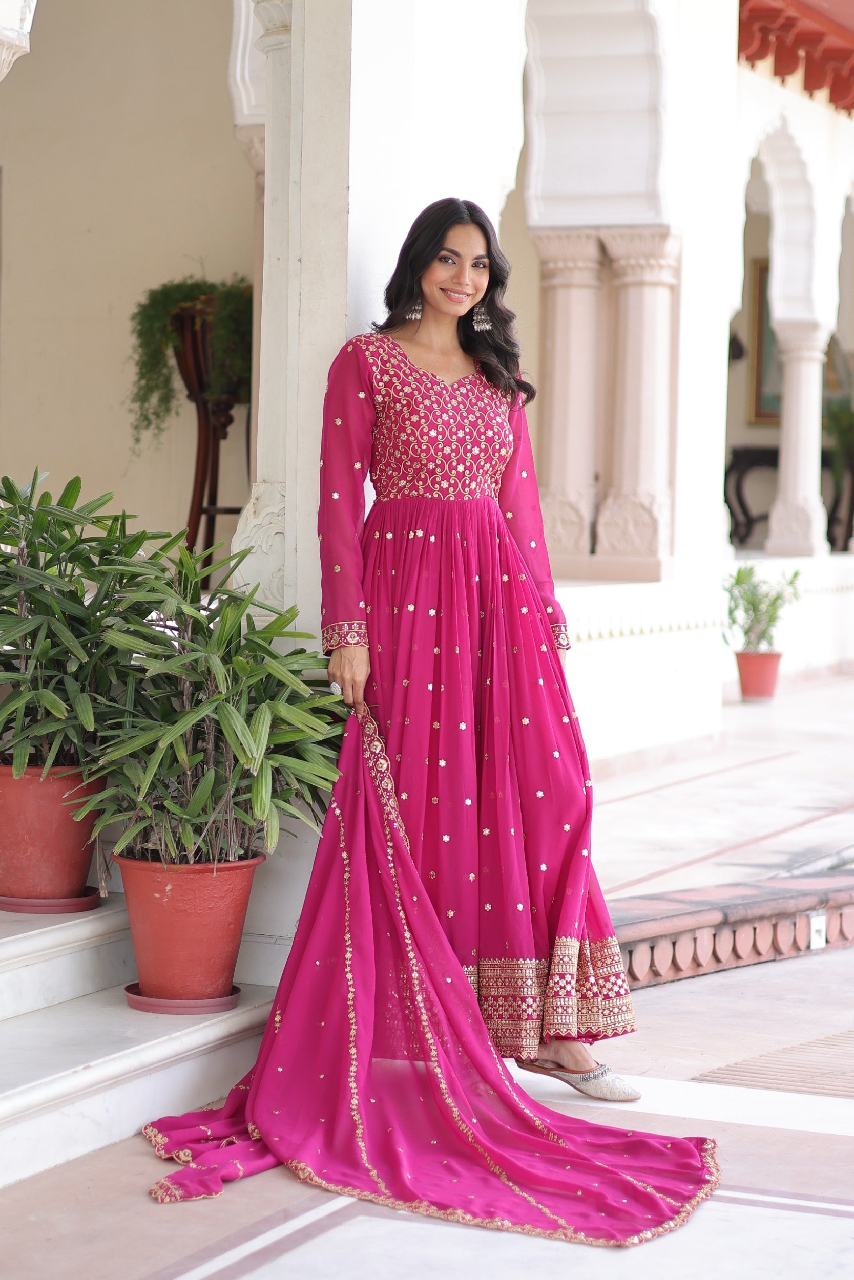 Lorenvalley Fashion Pink Faux Georgette with Rich Sequins & Zari Embroidered work Anarkali Gown with Dupatta | Swadesiicart