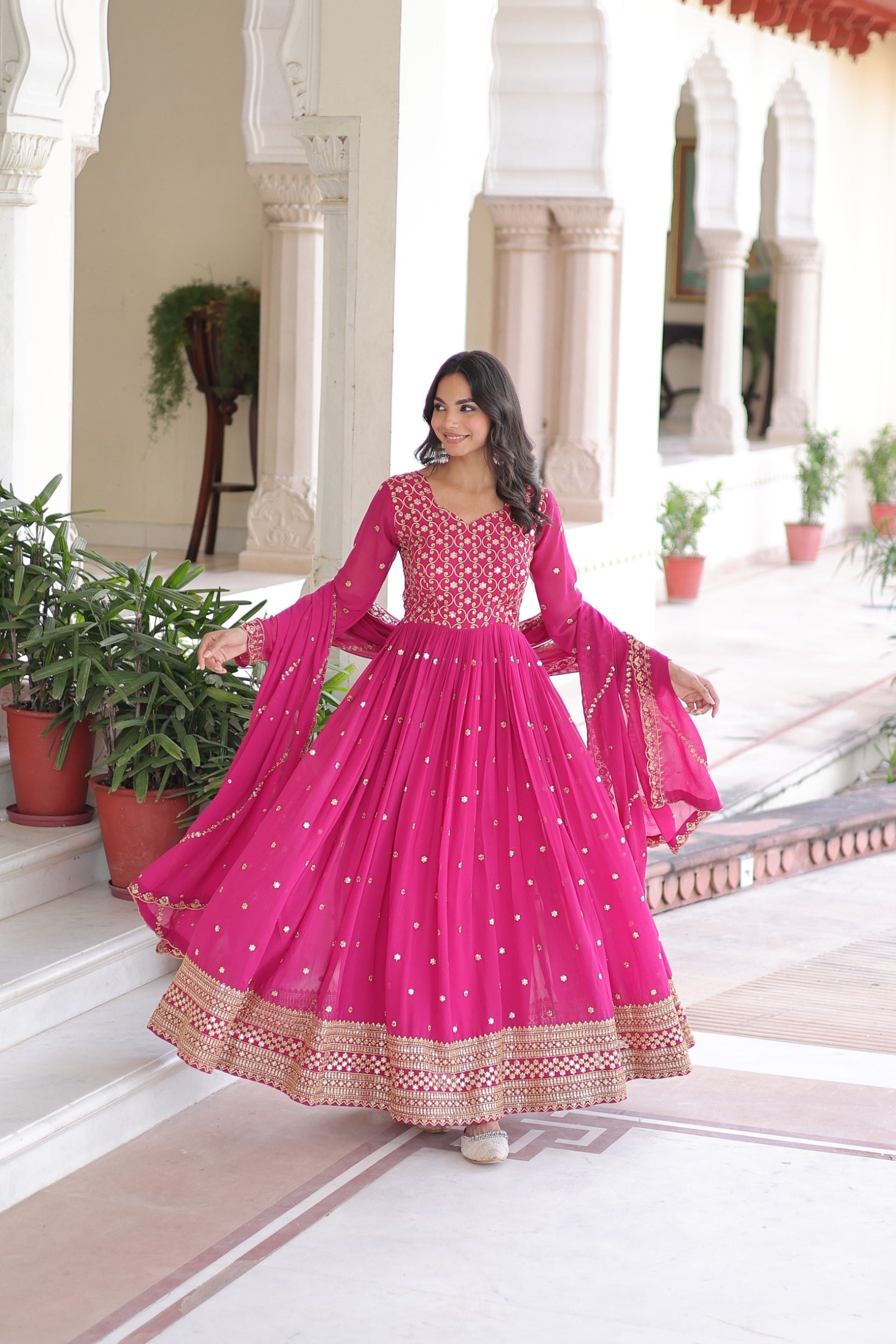 Lorenvalley Fashion Pink Faux Georgette with Rich Sequins & Zari Embroidered work Anarkali Gown with Dupatta | Swadesiicart