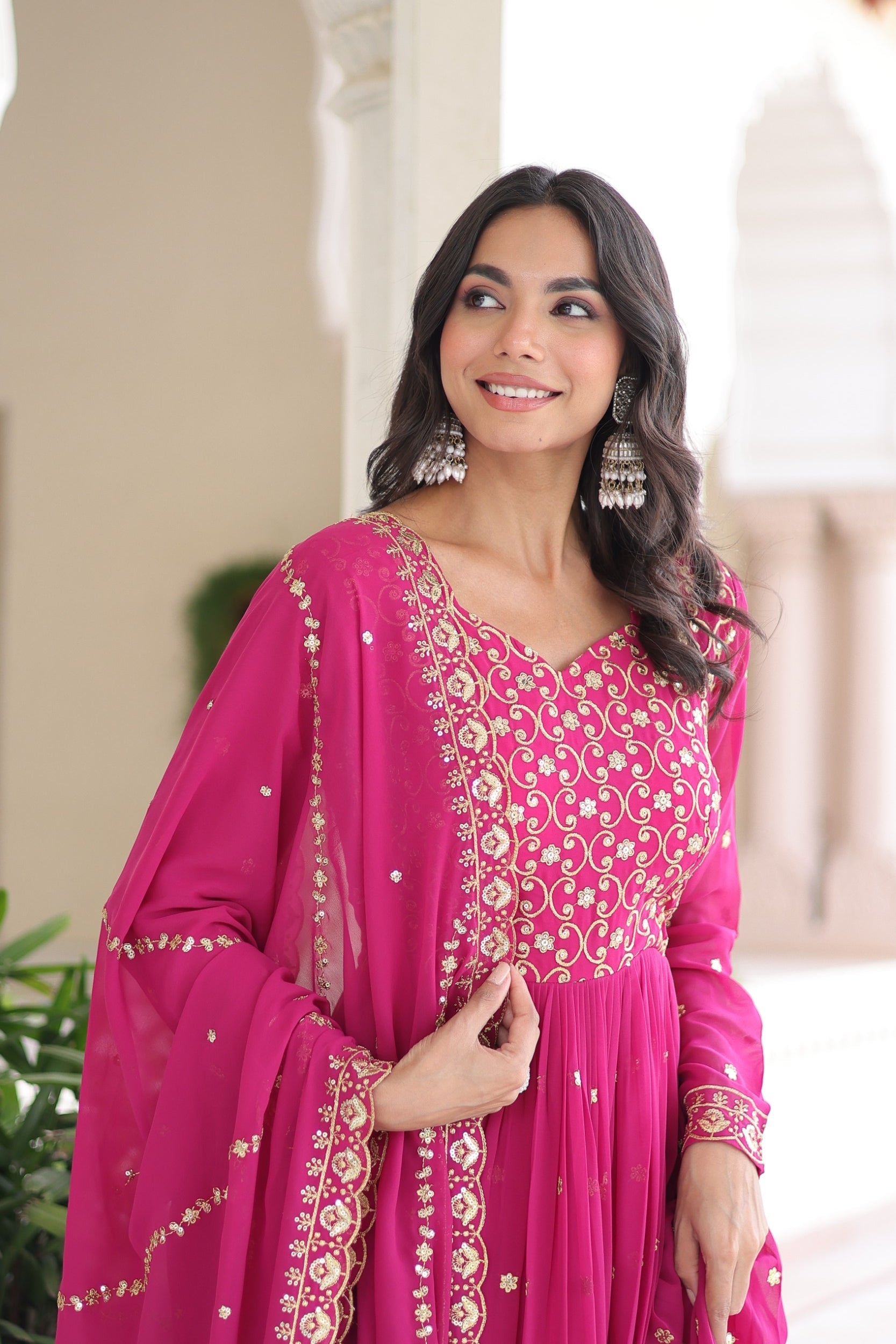 Lorenvalley Fashion Pink Faux Georgette with Rich Sequins & Zari Embroidered work Anarkali Gown with Dupatta | Swadesiicart