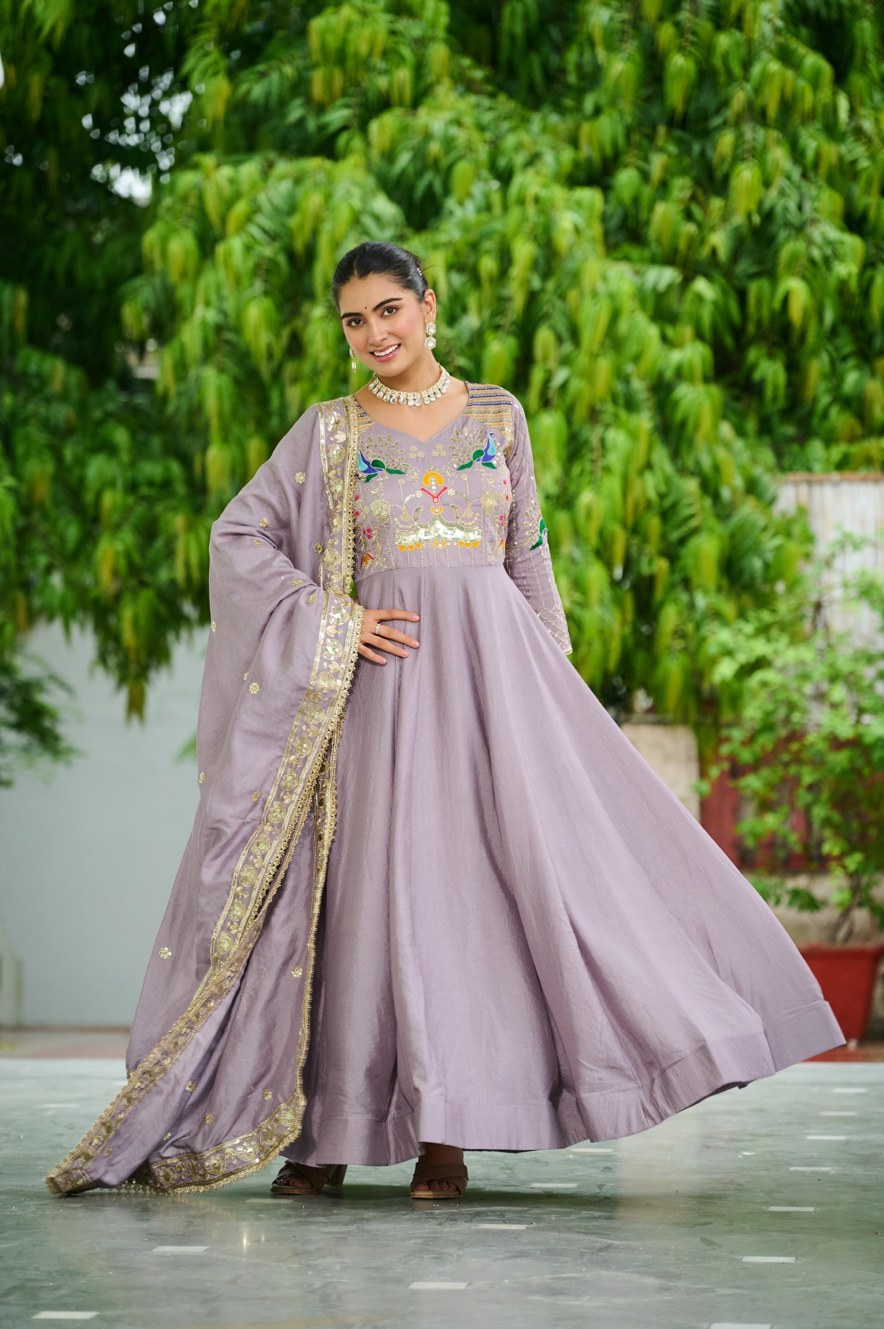 Lorenvalley Fashion Onionpink Vichitra Silk with Rich Sequins Multi Thread & Zari Embroidered work Anarkali Gown with Dupatta - Swadesiicart