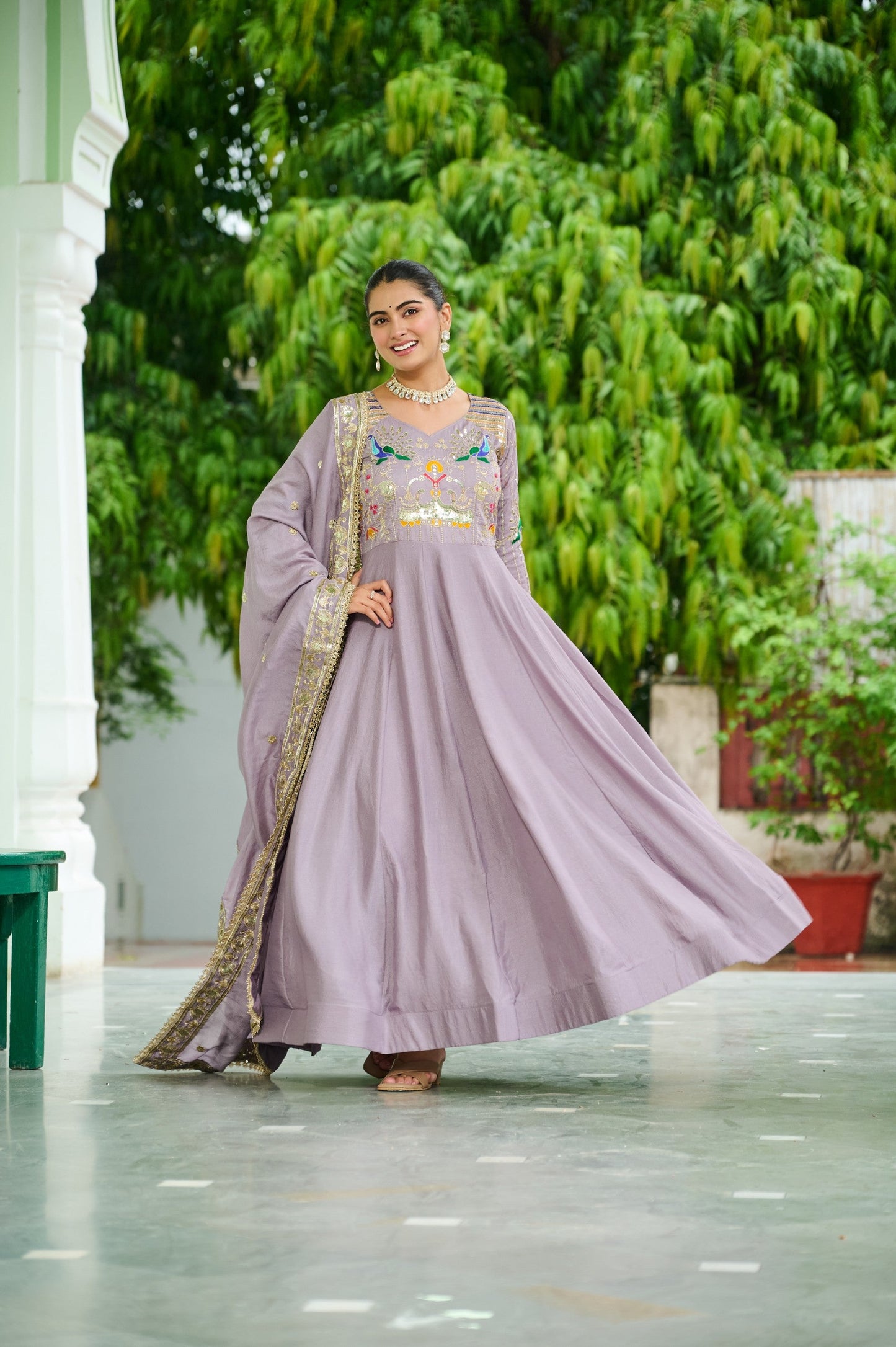 Lorenvalley Fashion Onionpink Vichitra Silk with Rich Sequins Multi Thread & Zari Embroidered work Anarkali Gown with Dupatta - Swadesiicart