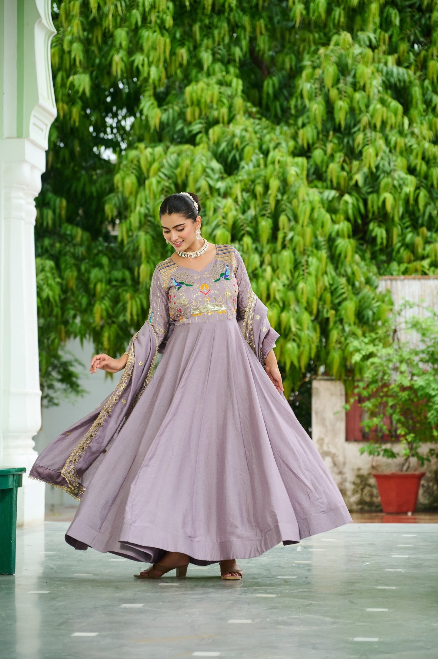 Lorenvalley Fashion Onionpink Vichitra Silk with Rich Sequins Multi Thread & Zari Embroidered work Anarkali Gown with Dupatta - Swadesiicart